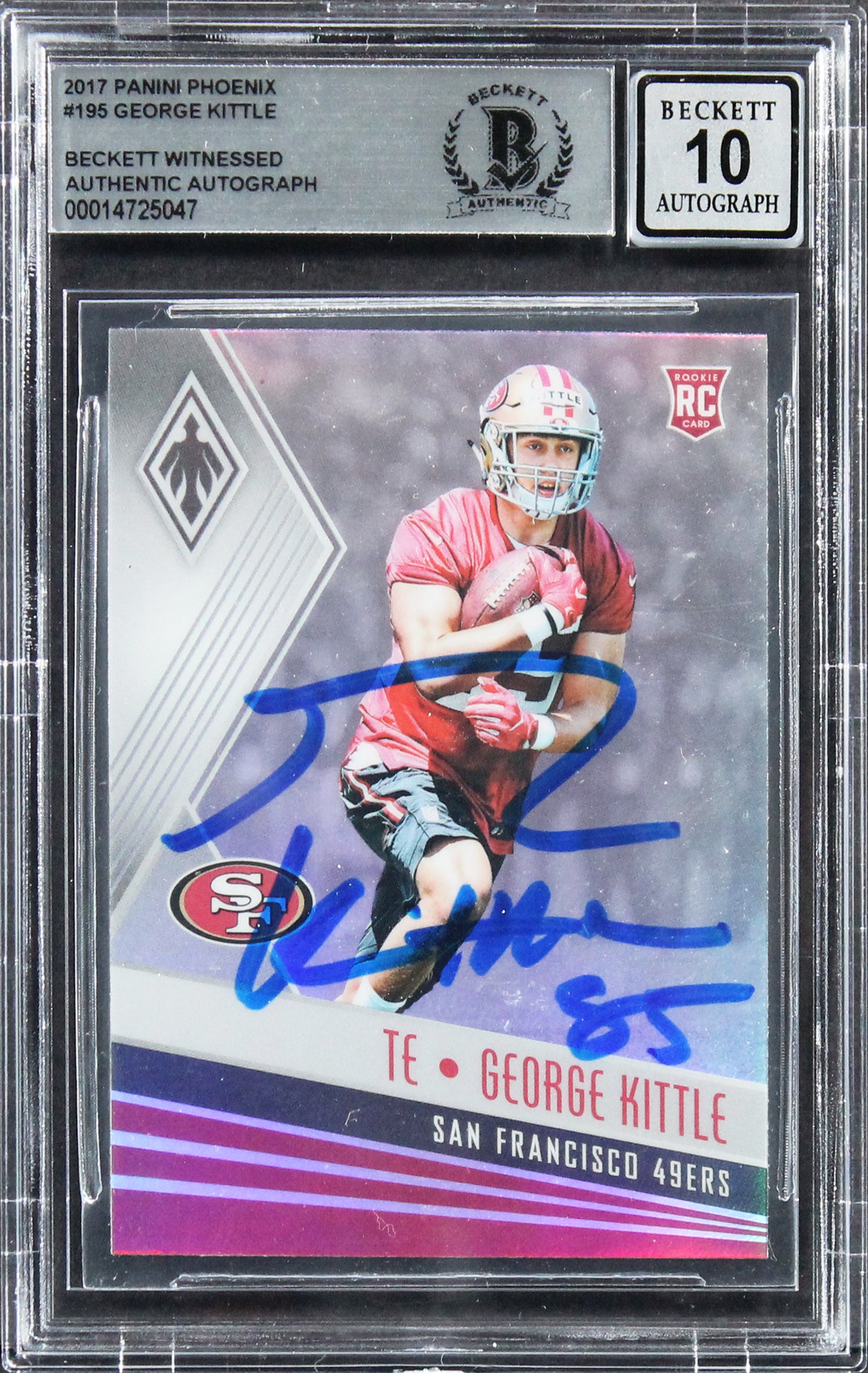 49ers George Kittle Signed 2017 Panini Phoenix #195 Rookie Card Auto 10 BAS Slab