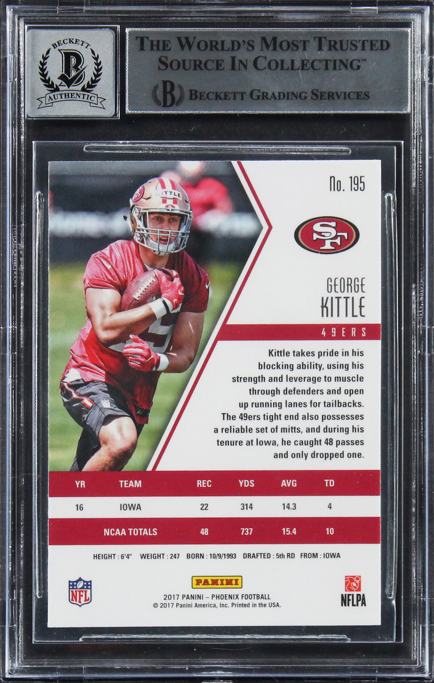 49ers George Kittle Signed 2017 Panini Phoenix #195 Rookie Card Auto 10 BAS Slab