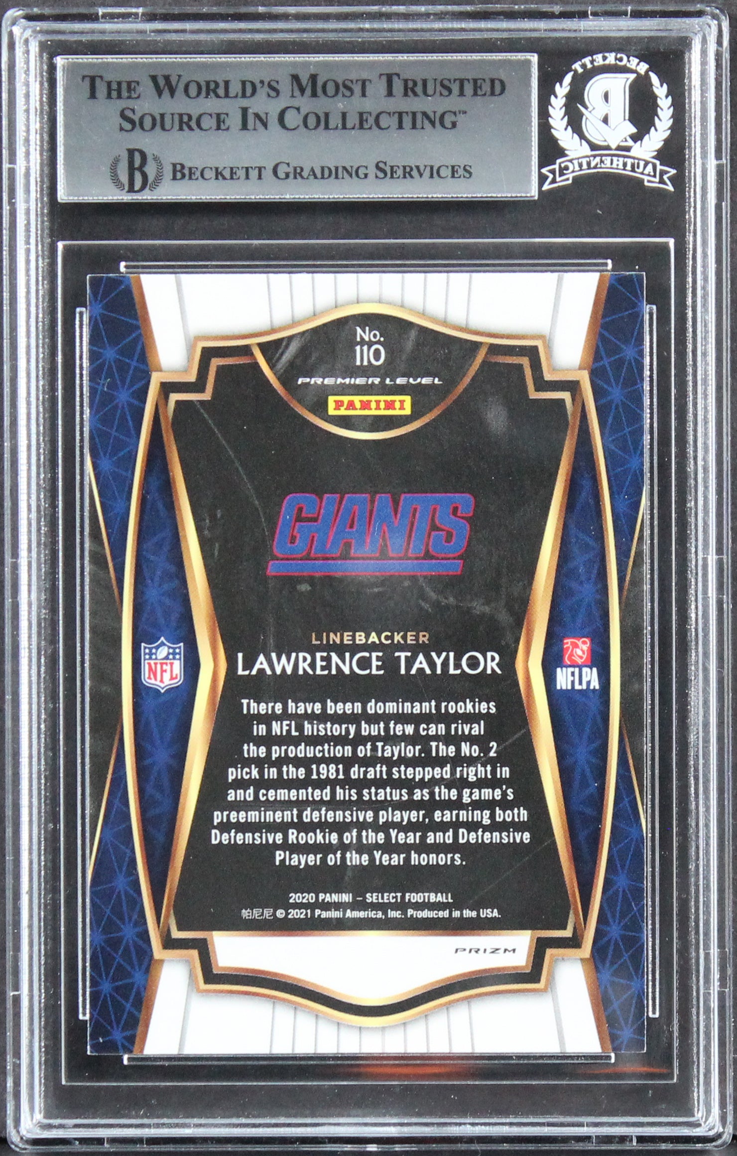 Lawrence Taylor Authentic Signed 2020 Select Prizm Silver #110 Card BAS Slabbed