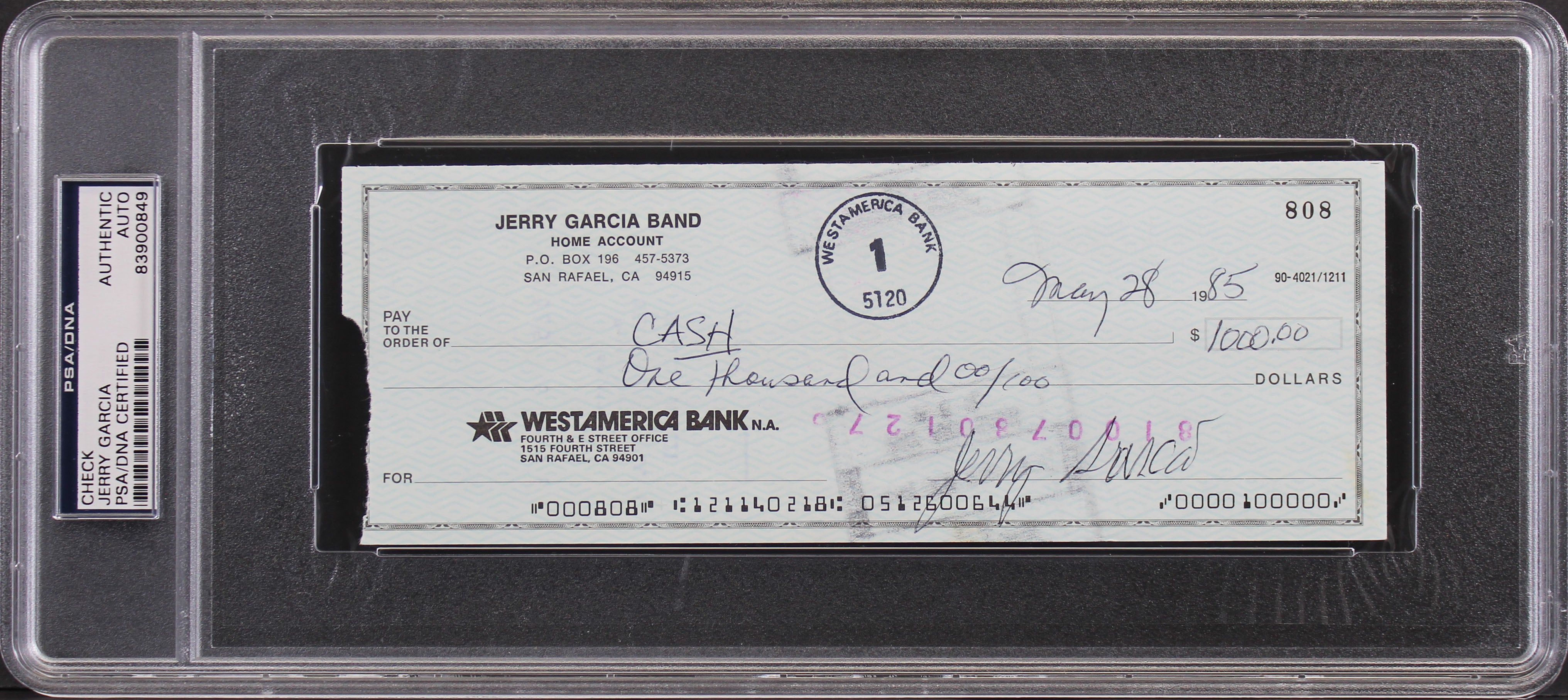 Jerry Garcia Grateful Dead Signed 3x8.25 Check Dated May 28, 1985 PSA Slabbed