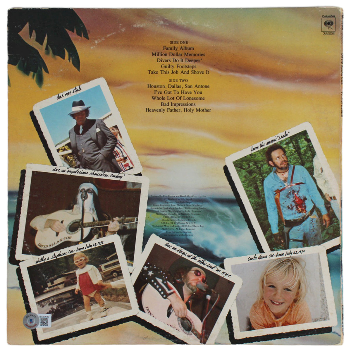 David Allan Coe Authentic Signed Family Album Album Cover BAS #BG90680