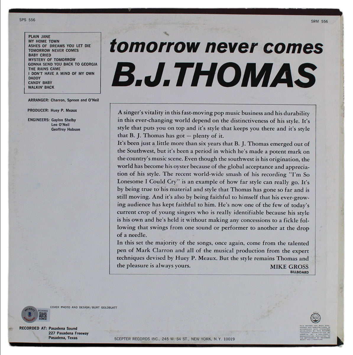 B.J. Thomas Authentic Signed Tomorrow Never Comes Album Cover BAS #BG90682