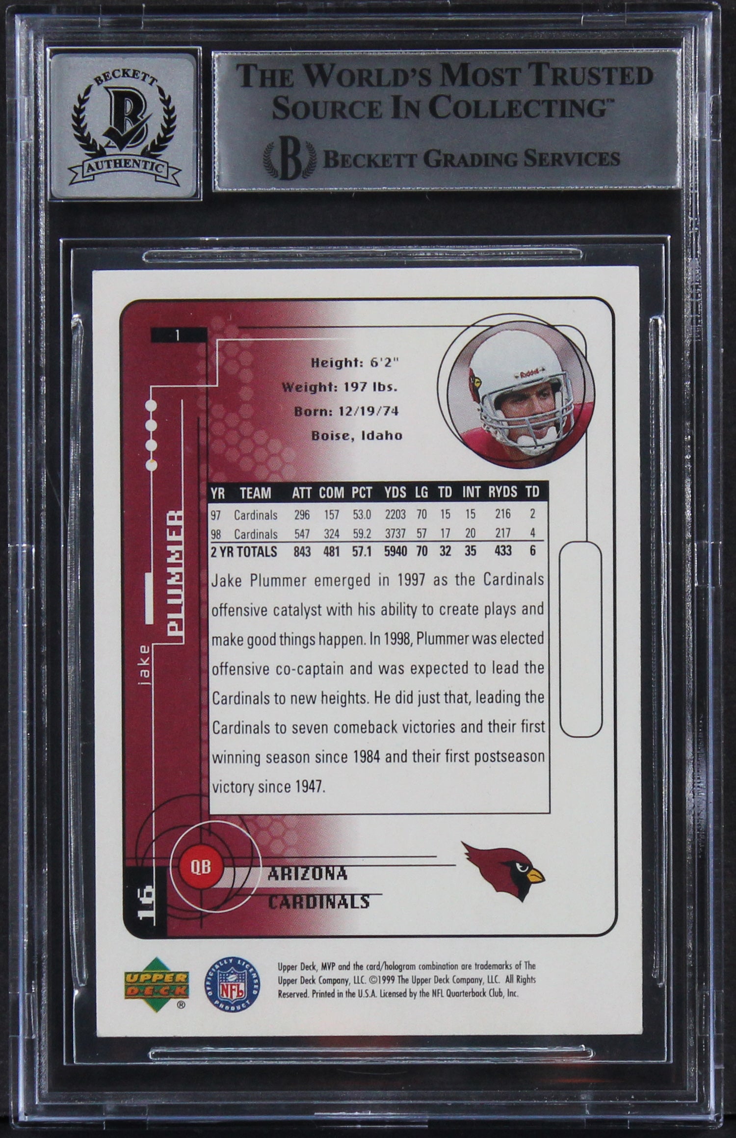 Cardinals Jake Plummer Signed 1999 Upper Deck MVP #1 Card Auto 10! BAS Slabbed