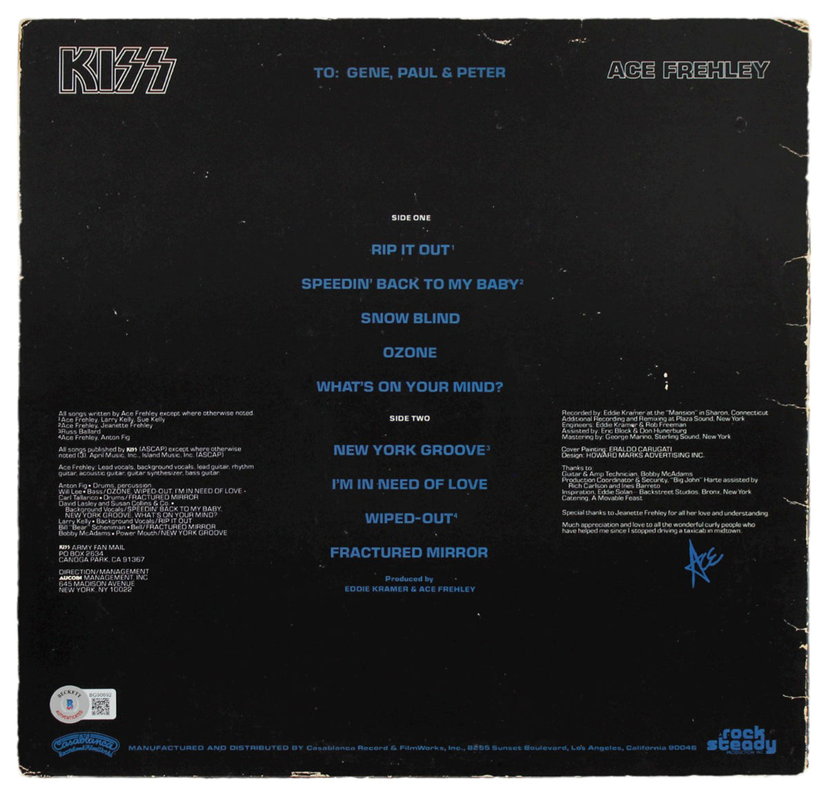 Ace Frehley KISS Authentic Signed Ace Frehley Album Cover BAS #BG90692
