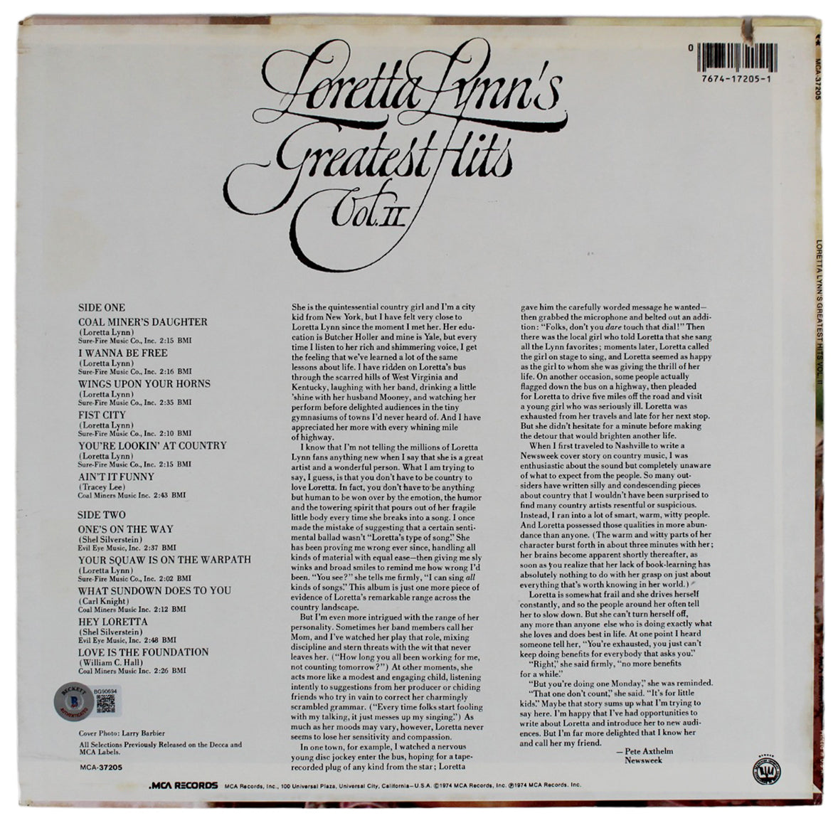 Loretta Lynn "Love You" Signed Greatest Hits Vol. II Album Cover BAS #BG90694