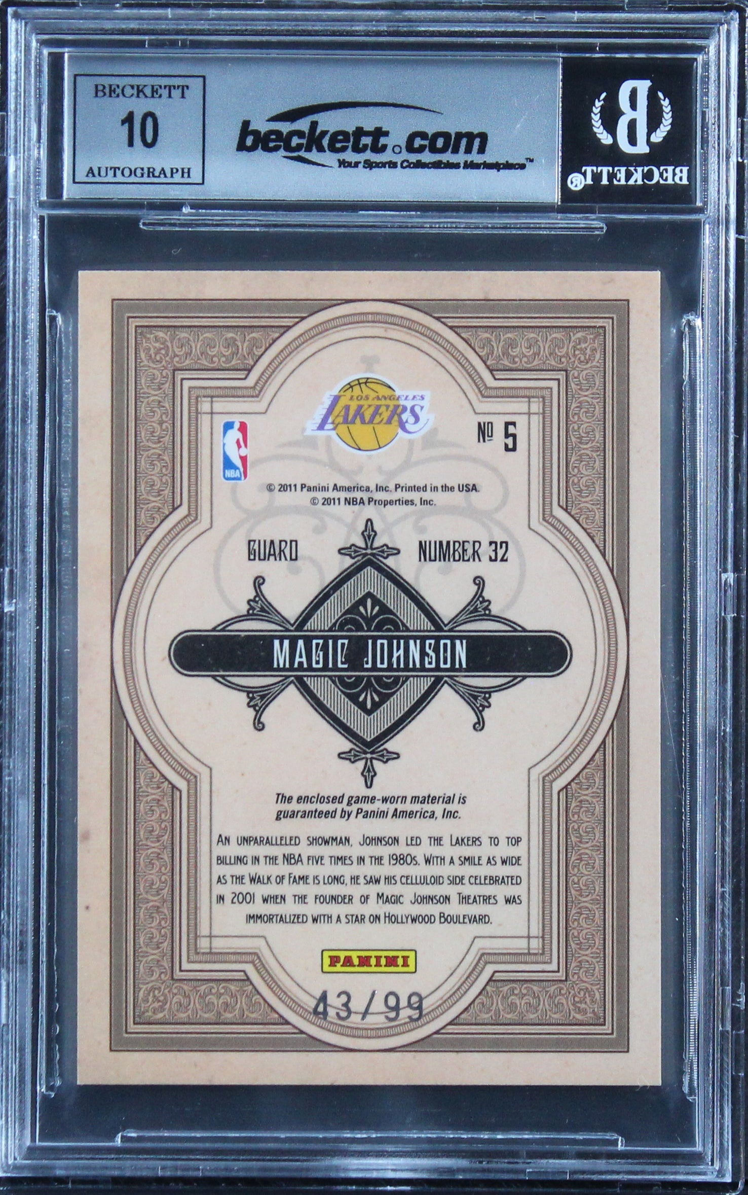 Magic Johnson Signed 2010 Panini Gold Standard #5 #43/99 Card Auto 10! BAS Slab