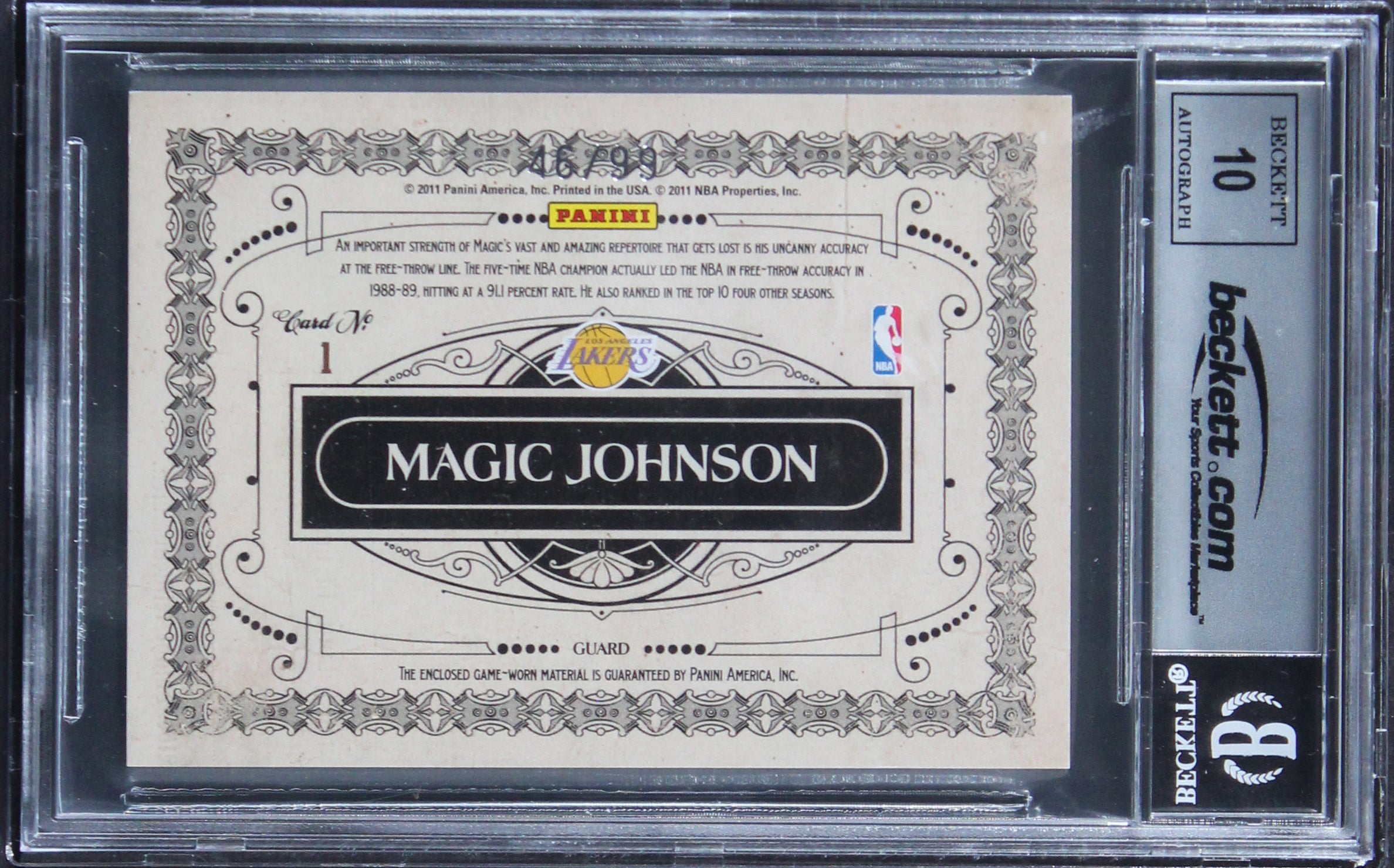 Magic Johnson Signed 2010 Panini Gold Standard GA Mat #1 Card Auto 10! BAS Slab