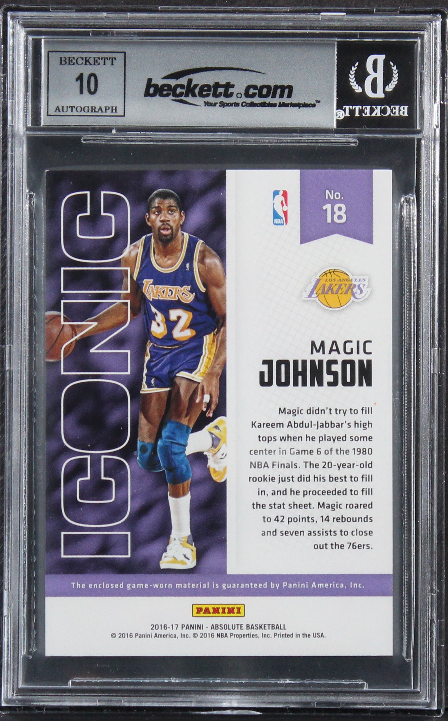 Magic Johnson Signed 2016 Absolute Iconic Mat #18 #146/149 Card Auto 10 BAS Slab