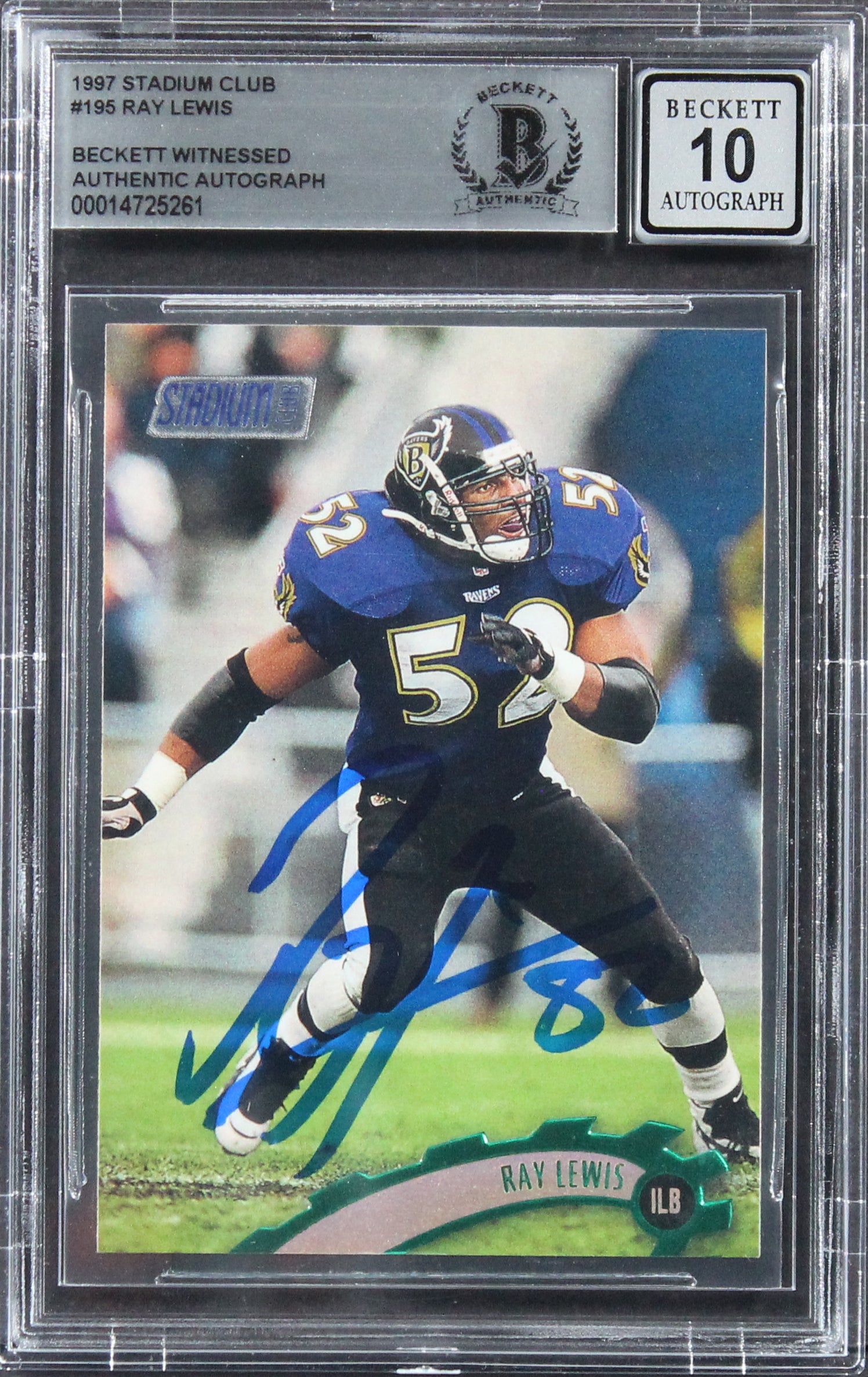 Ravens Ray Lewis Authentic Signed 1997 Stadium Club #195 Card Auto 10! BAS Slab