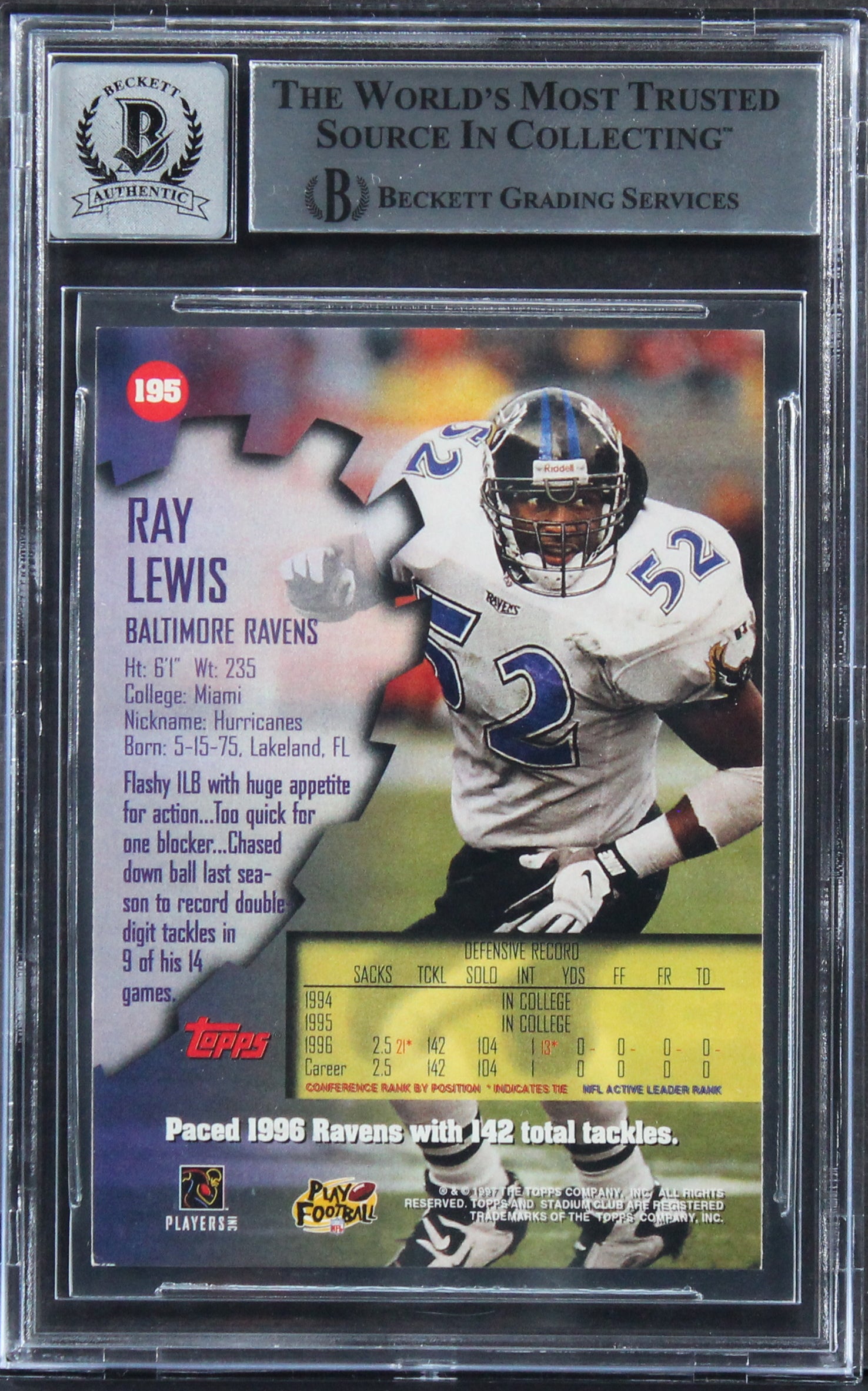 Ravens Ray Lewis Authentic Signed 1997 Stadium Club #195 Card Auto 10! BAS Slab