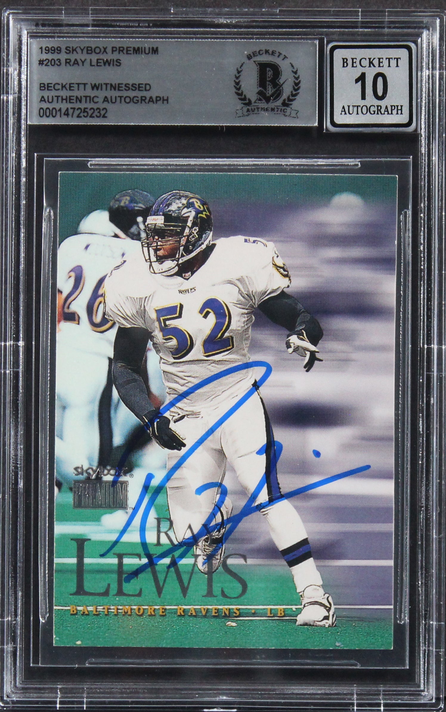 Ravens Ray Lewis Authentic Signed 1999 Skybox Premium #203 Card Auto 10 BAS Slab