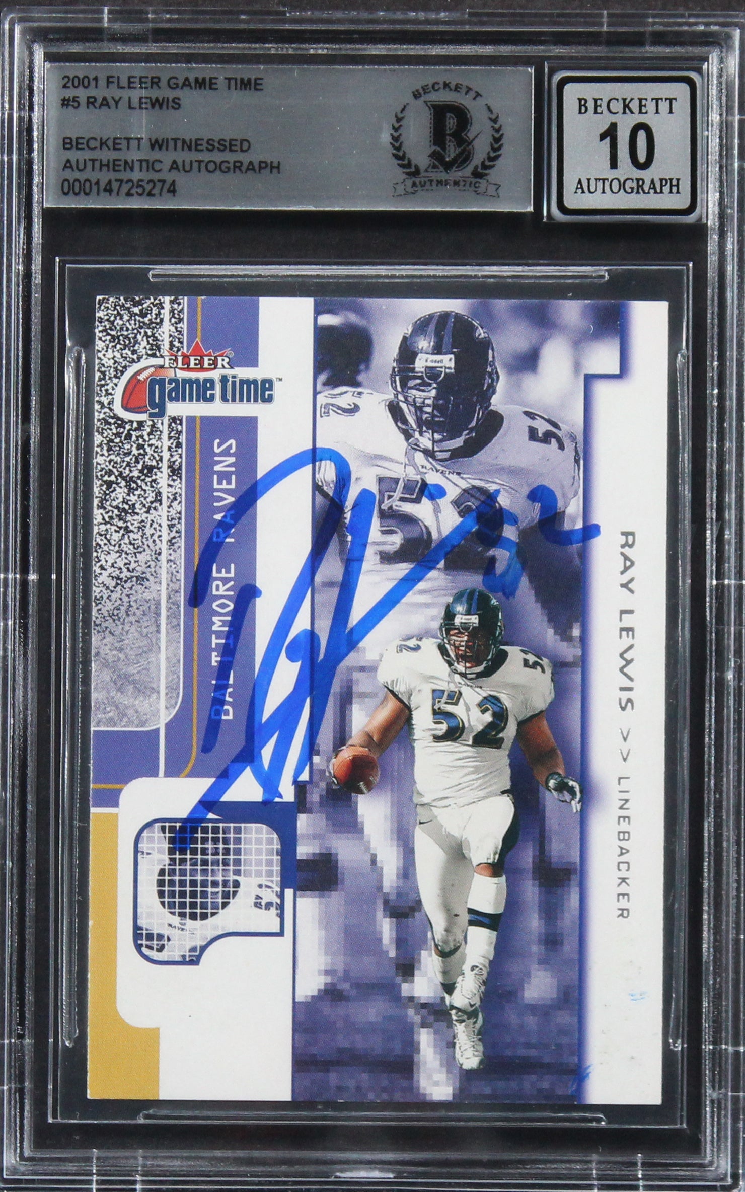 Ravens Ray Lewis Authentic Signed 2001 Fleer Game Time #5 Card Auto 10! BAS Slab