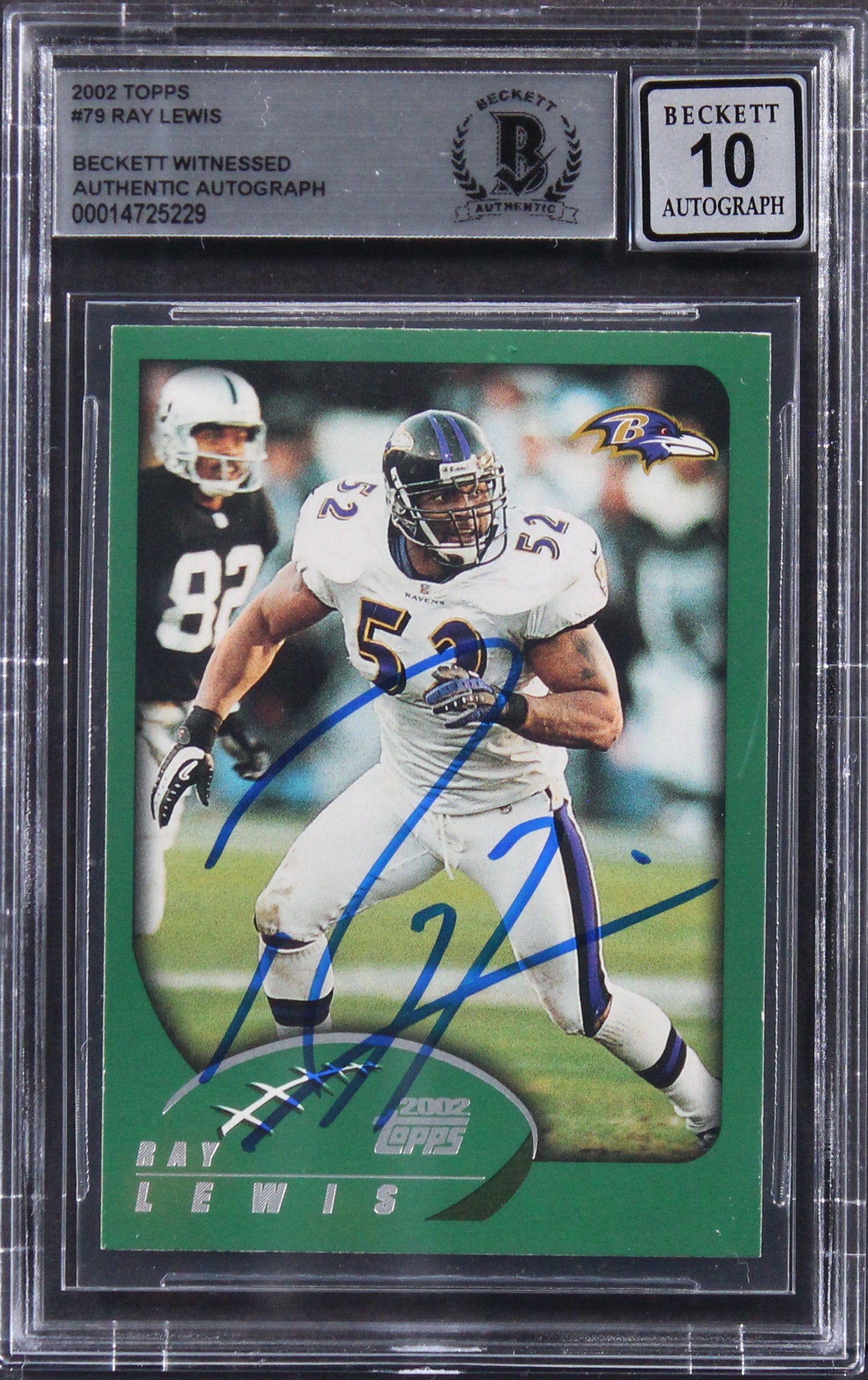 Ravens Ray Lewis Signed 2002 Topps #79 Card Auto Graded Gem Mint 10 BAS Slabbed