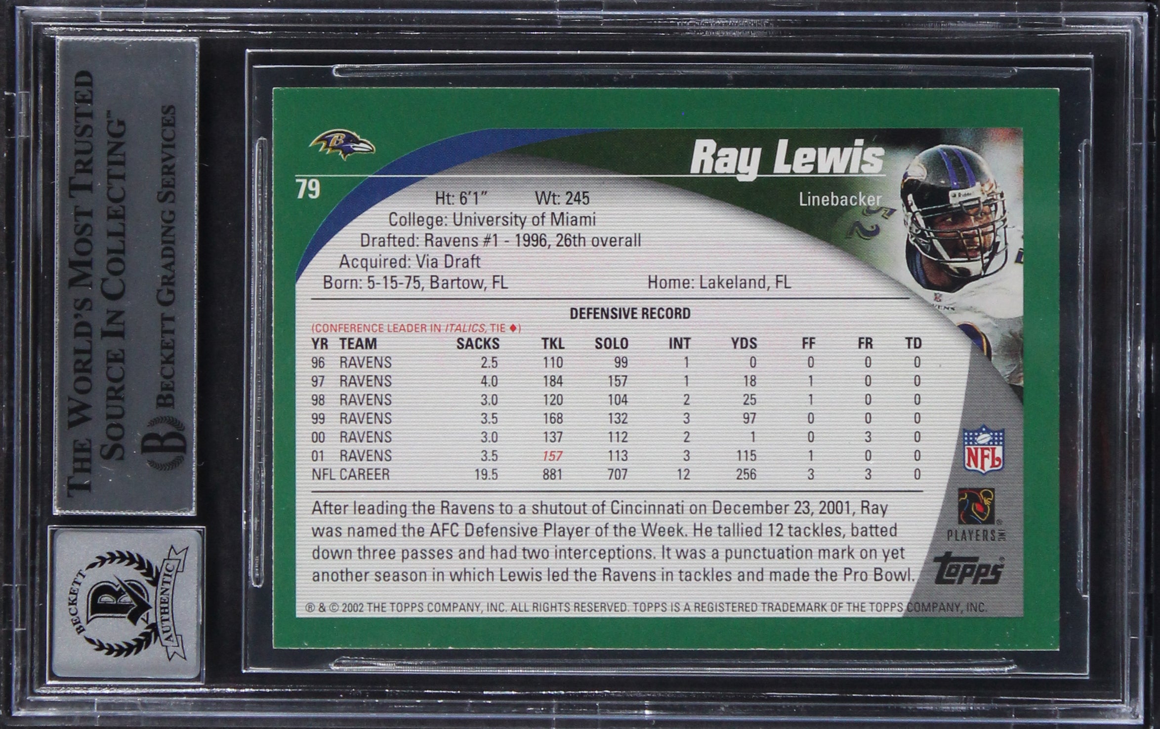 Ravens Ray Lewis Signed 2002 Topps #79 Card Auto Graded Gem Mint 10 BAS Slabbed