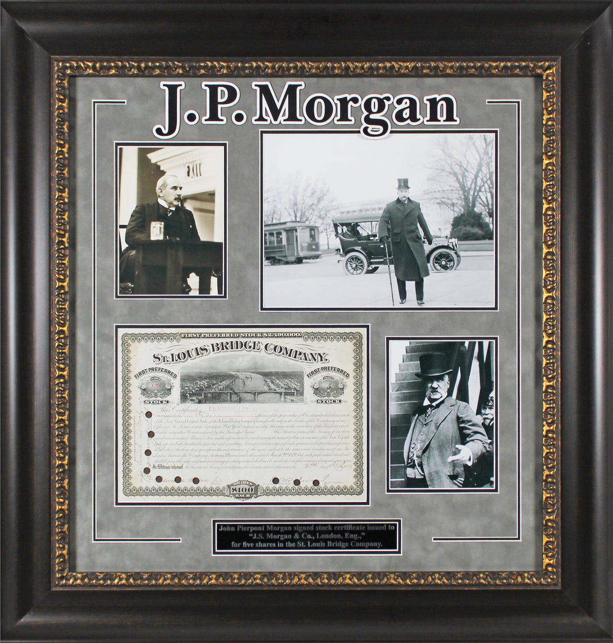 J.P. Morgan Signed & Framed 1881 St. Louis Bridge Stock Certificate BAS #AC33928