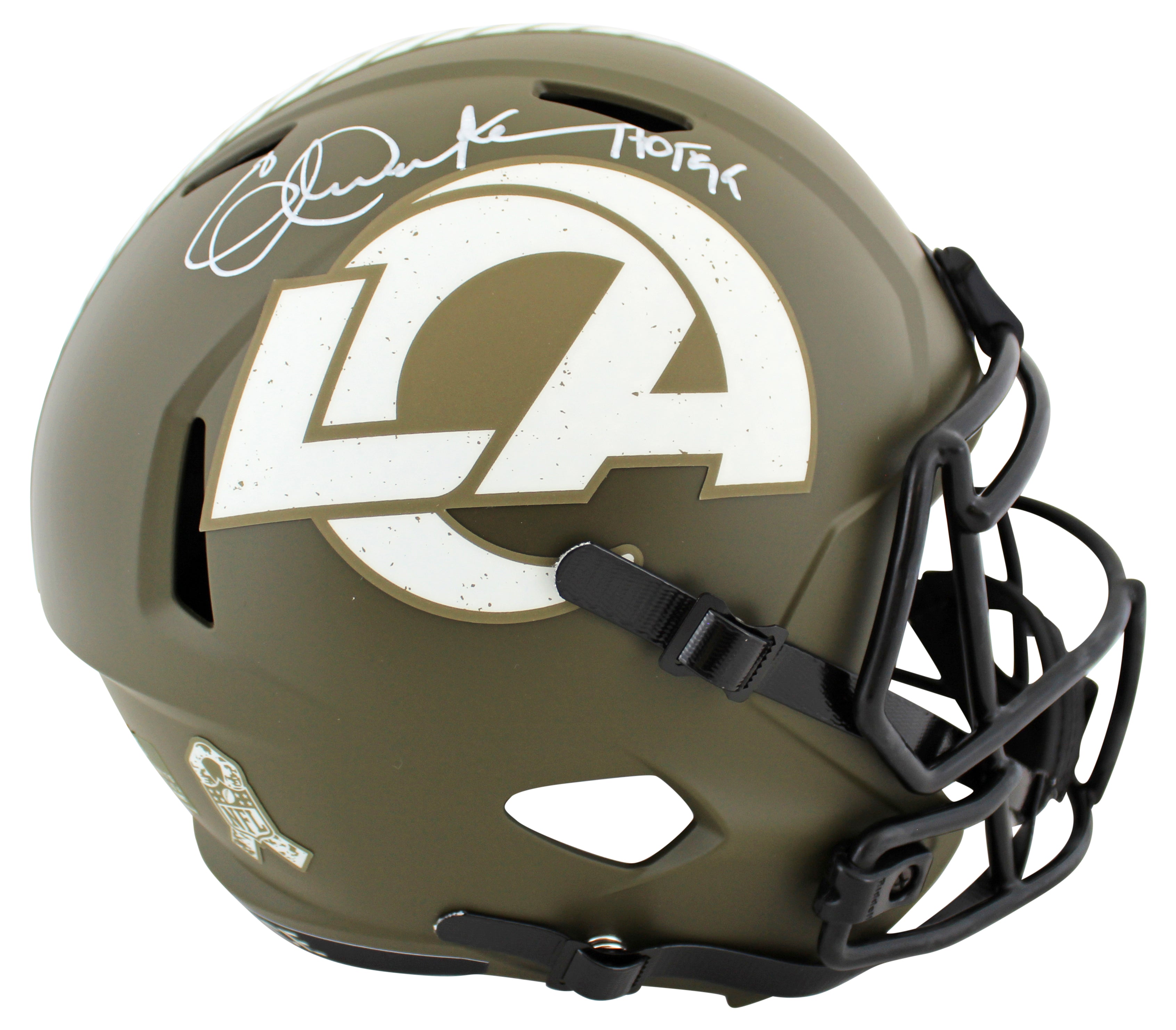 Rams Eric Dickerson "HOF 99" Signed Salute To Service F/S Speed Rep Helmet BAS W