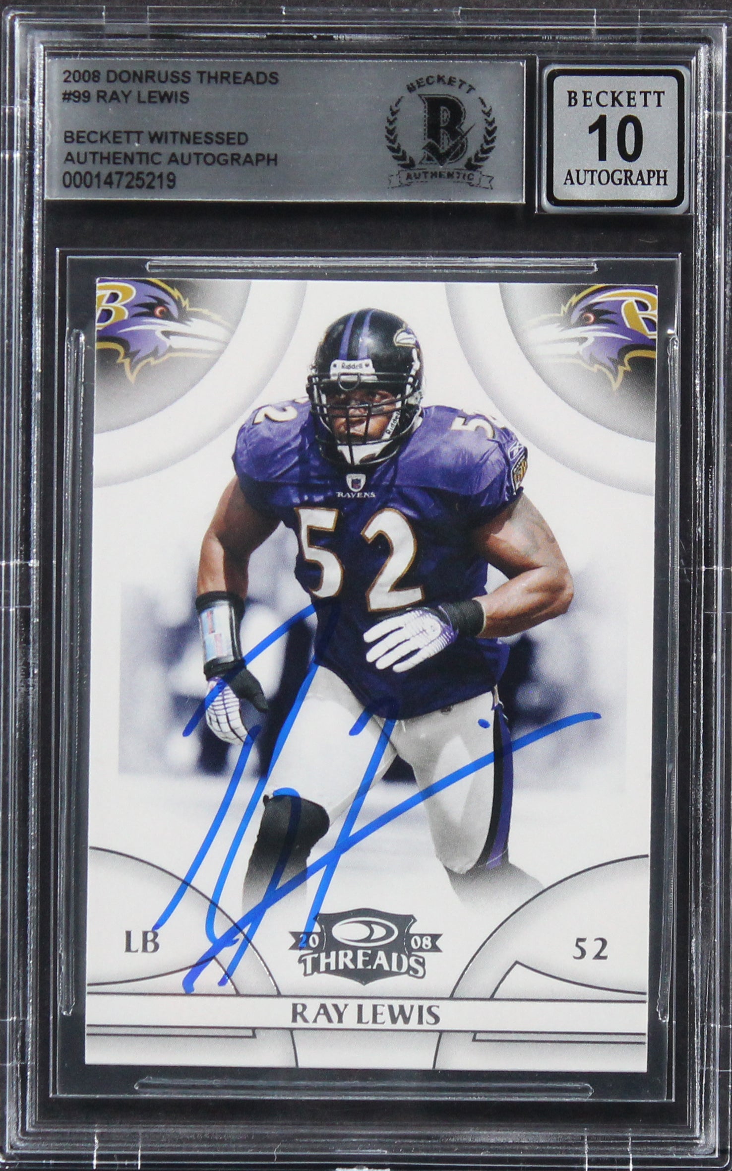 Ravens Ray Lewis Authentic Signed 2008 Donruss Threads #99 Card Auto 10 BAS Slab