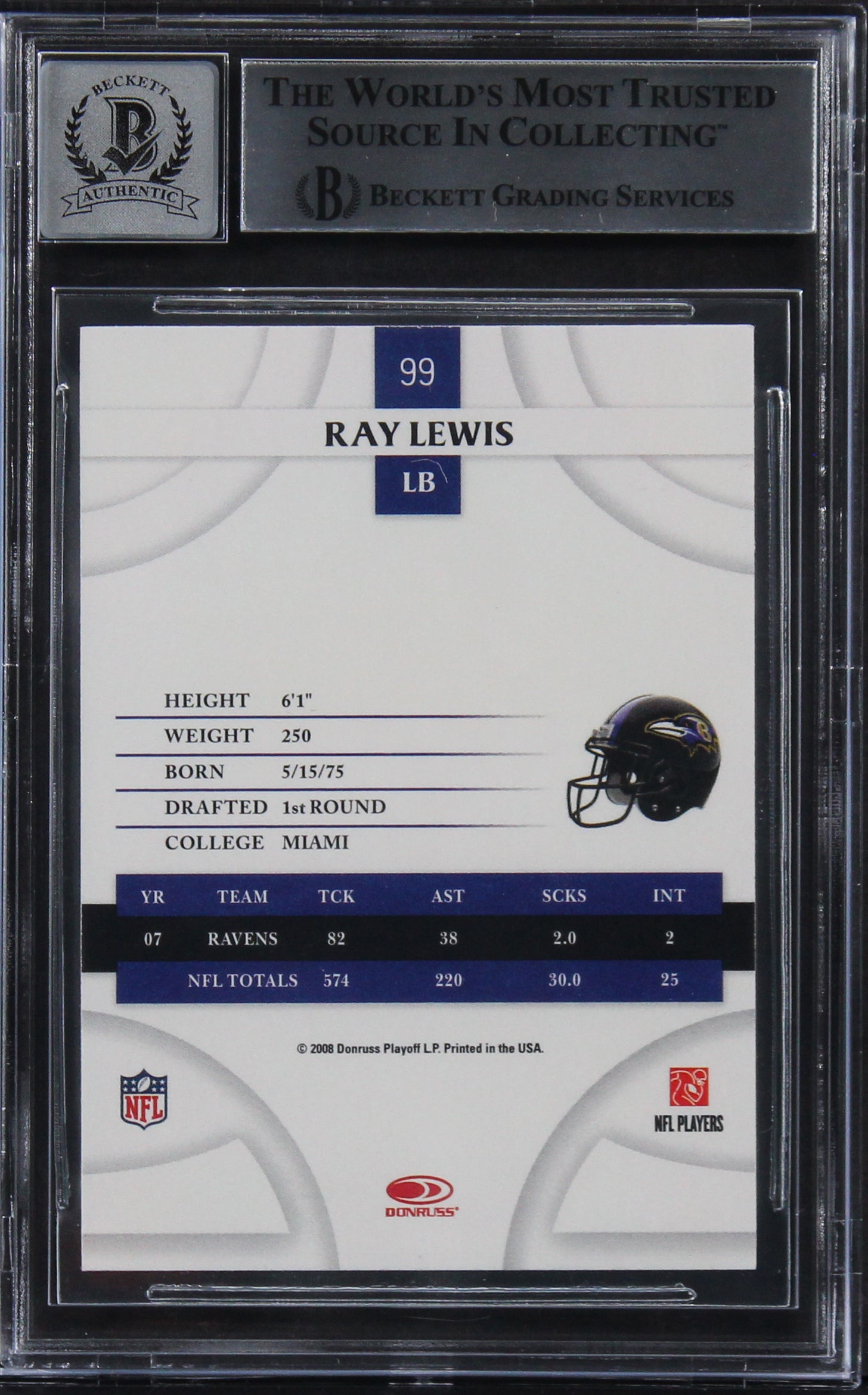 Ravens Ray Lewis Authentic Signed 2008 Donruss Threads #99 Card Auto 10 BAS Slab