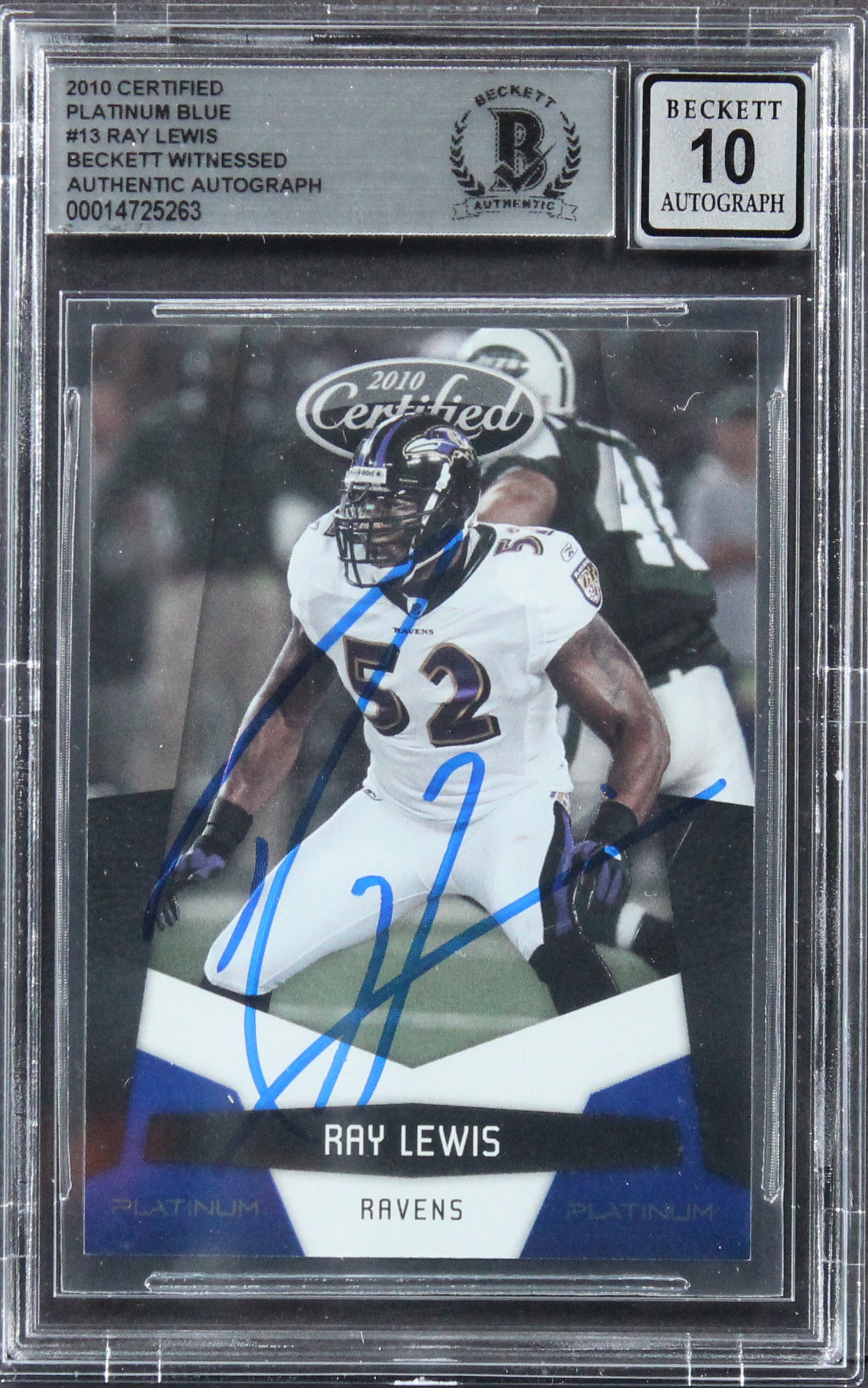 Ravens Ray Lewis Signed 2010 Certified Platinum Blue #13 Card Auto 10! BAS Slab