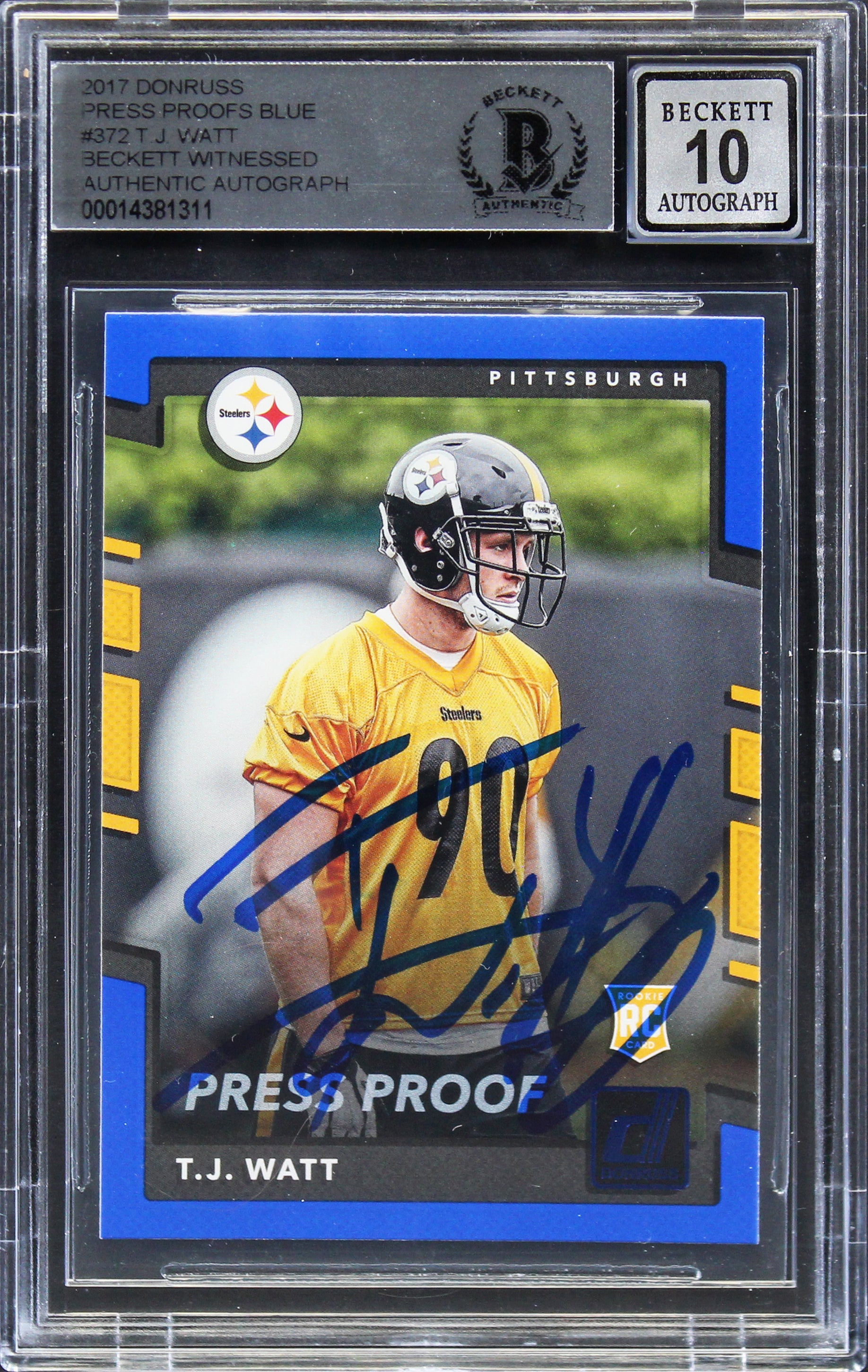 T.J. Watt Signed 2017 Donruss Press Proofs Blue #372 RC Card Auto 10 BAS Slabbed