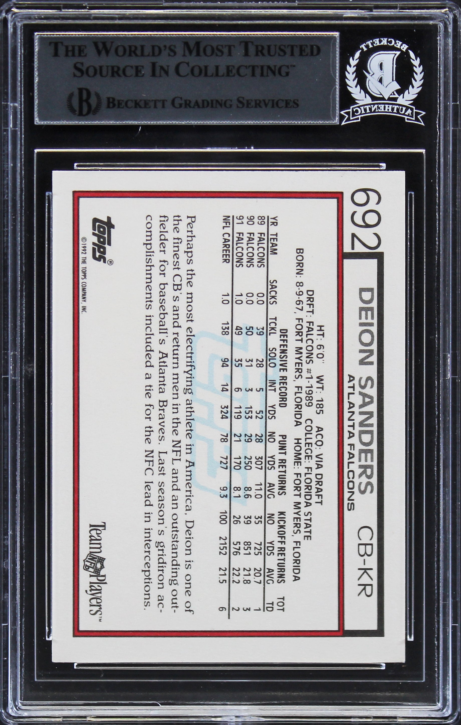 Falcons Deion Sanders Authentic Signed 1992 Topps #692 Card BAS Slabbed