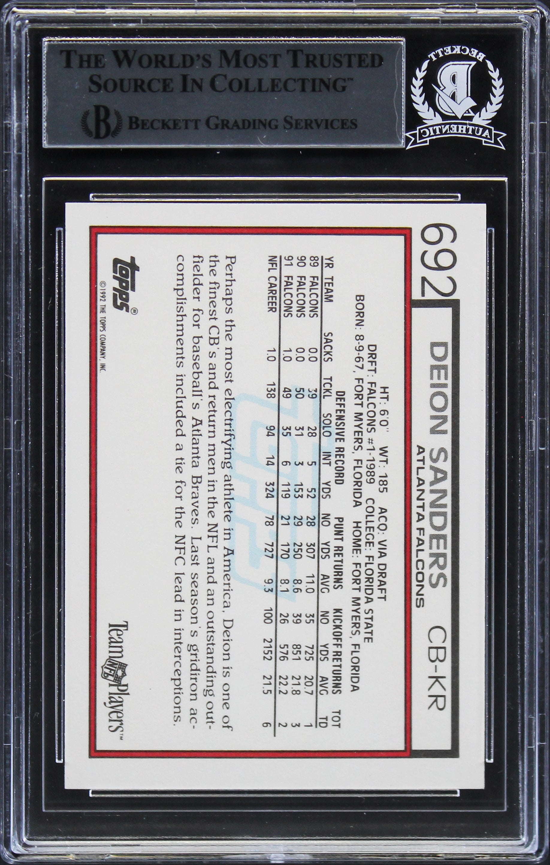 Falcons Deion Sanders Authentic Signed 1992 Topps #692 Card BAS Slabbed