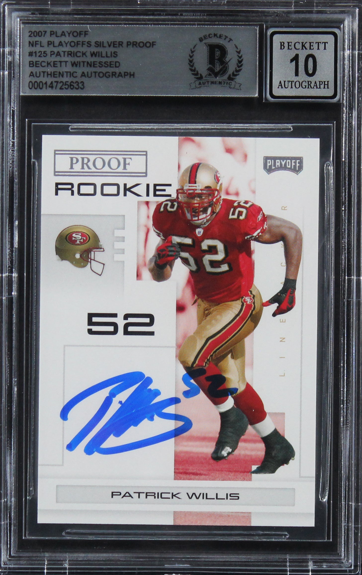 Patrick Willis Signed 2007 Playoff Silver Proof 125 /50 RC Card Auto 10 BAS Slab