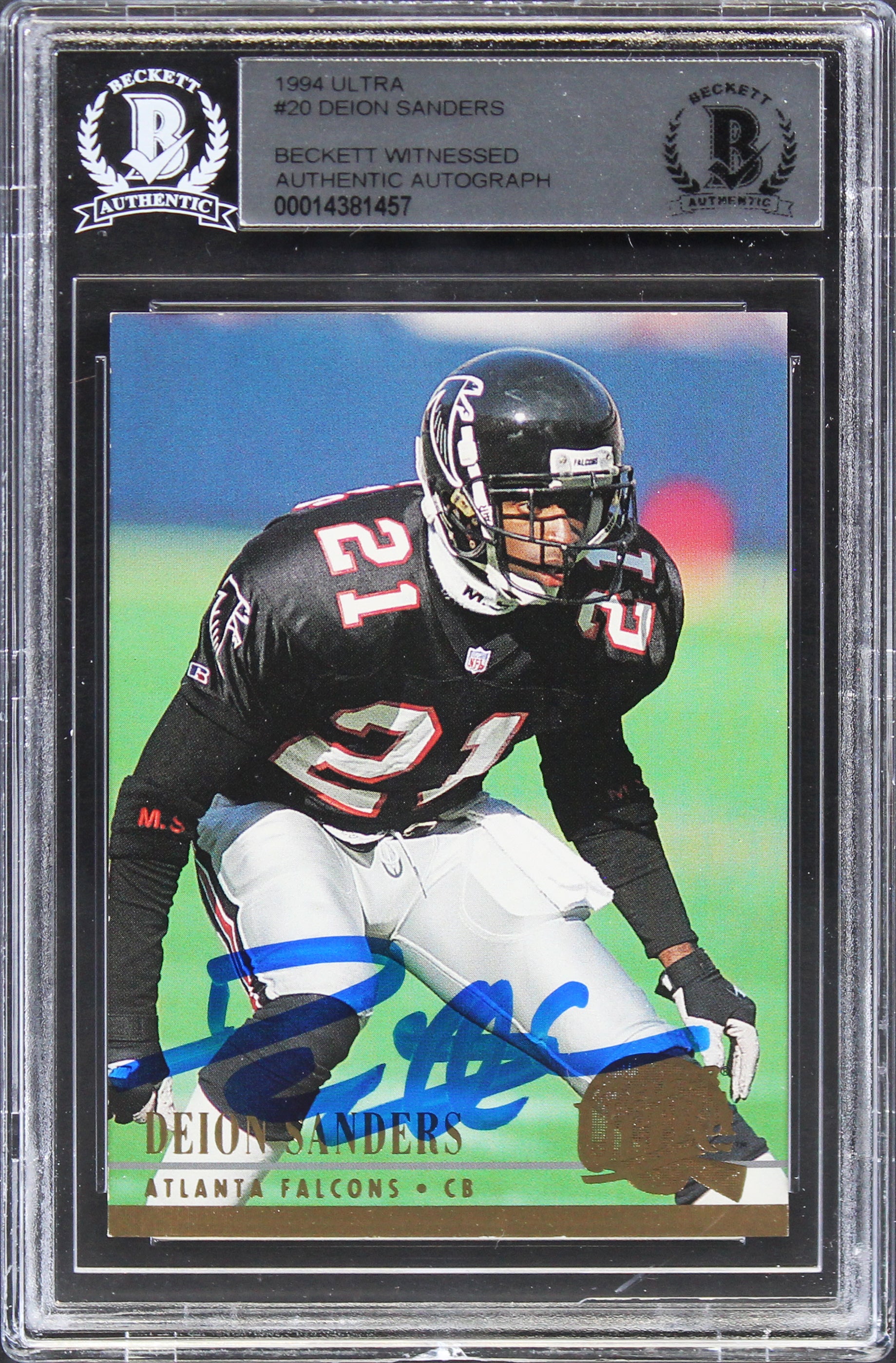 Falcons Deion Sanders Authentic Signed 1994 Ultra #20 Card BAS Slabbed