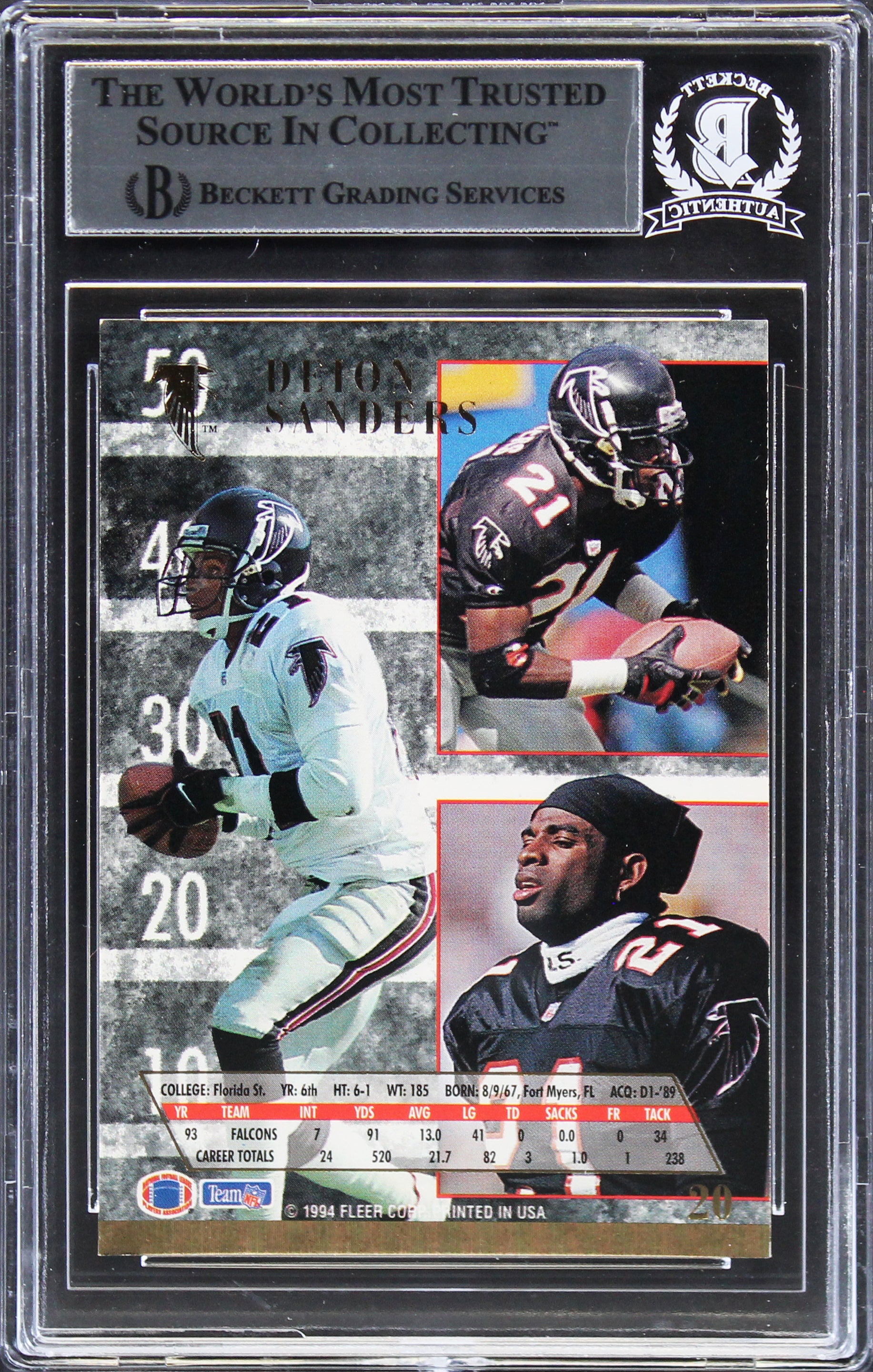 Falcons Deion Sanders Authentic Signed 1994 Ultra #20 Card BAS Slabbed