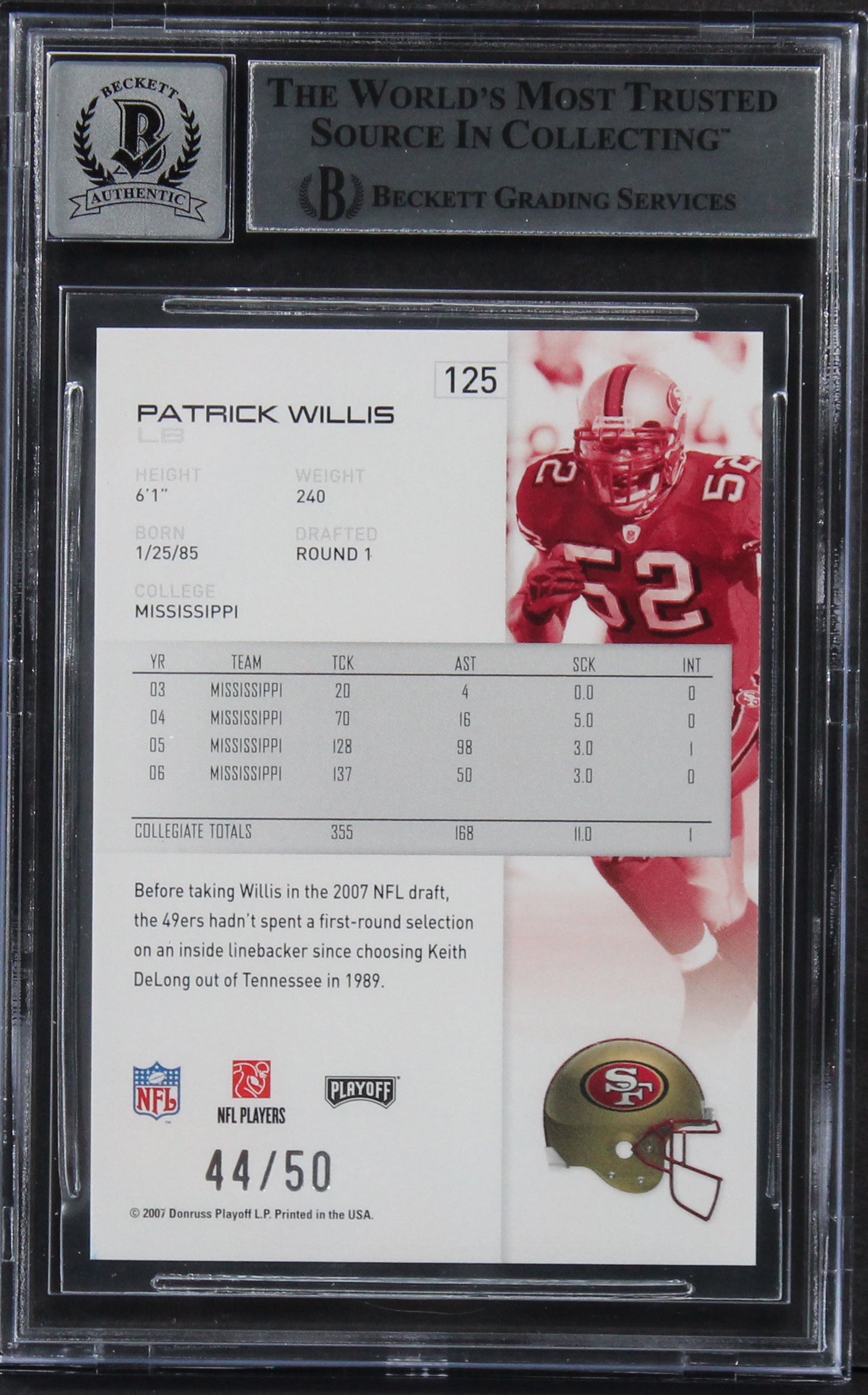 Patrick Willis Signed 2007 Playoff Silver Proof 125 /50 RC Card Auto 10 BAS Slab