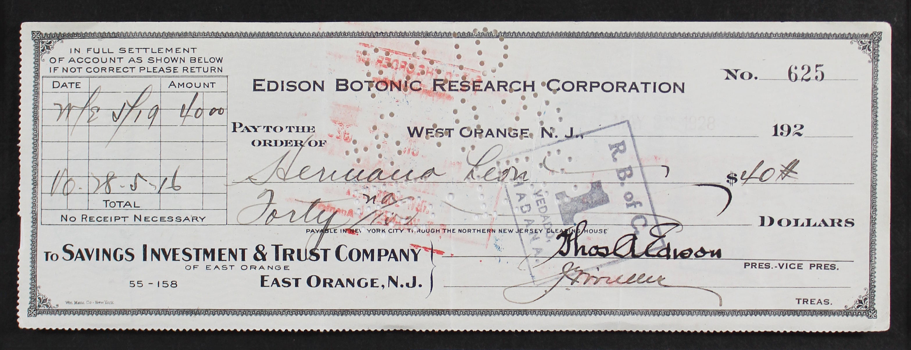 Thomas Edison Signed & Framed 3x8.75 Edison Botonic Research Corp Check BAS