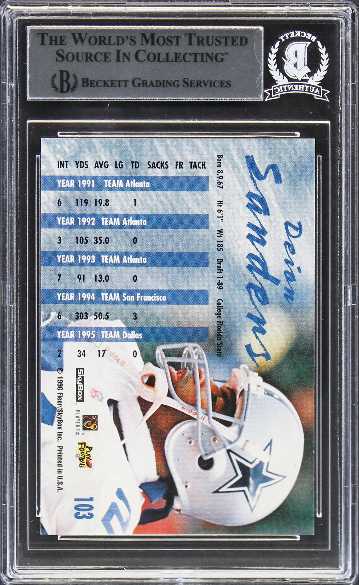 Cowboys Deion Sanders Signed 1996 Skybox Impact Rookies #103 Card BAS Slabbed