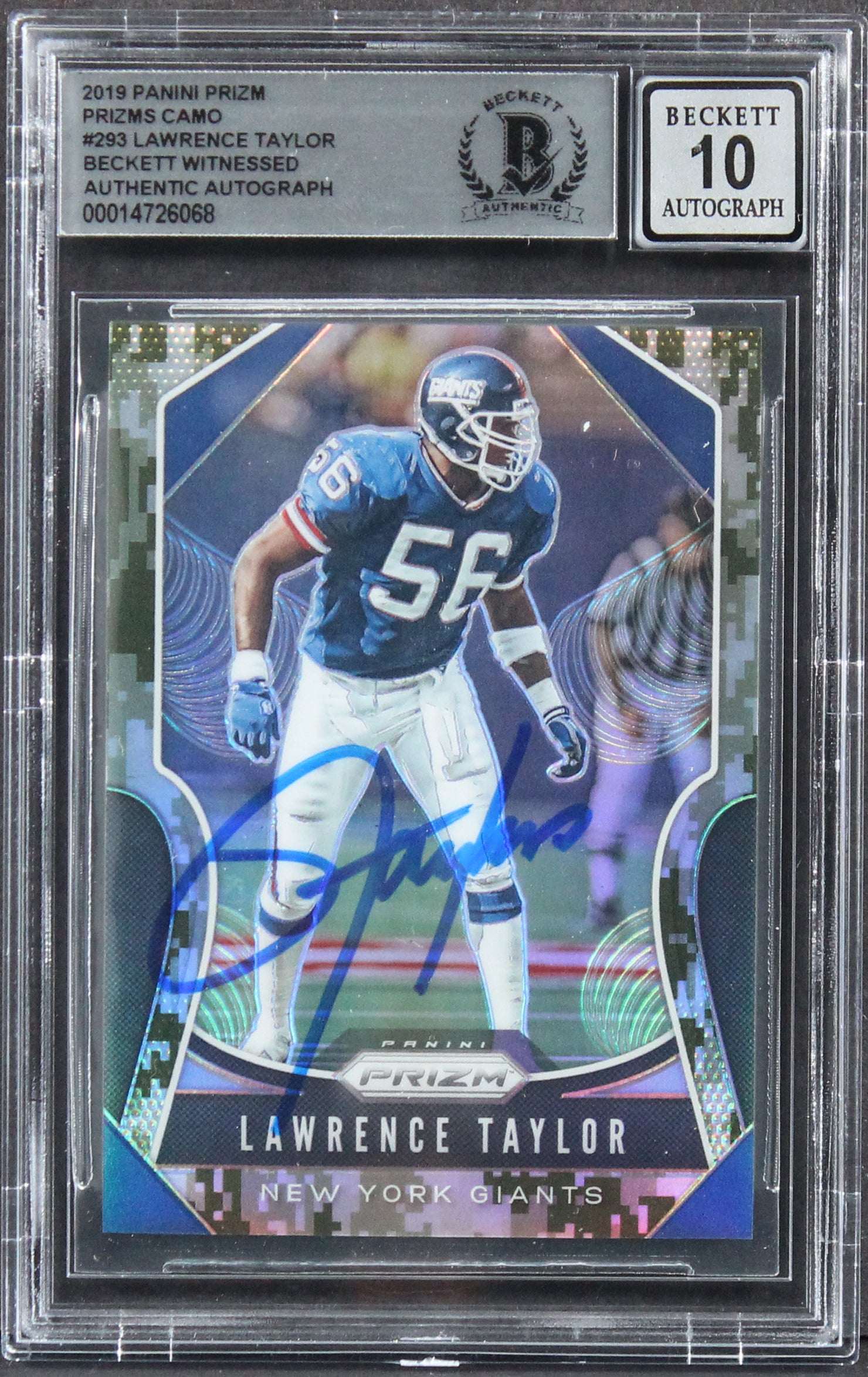 Giants Lawrence Taylor Signed 2019 Panini Prizm Camo #293 Card Auto 10! BAS Slab