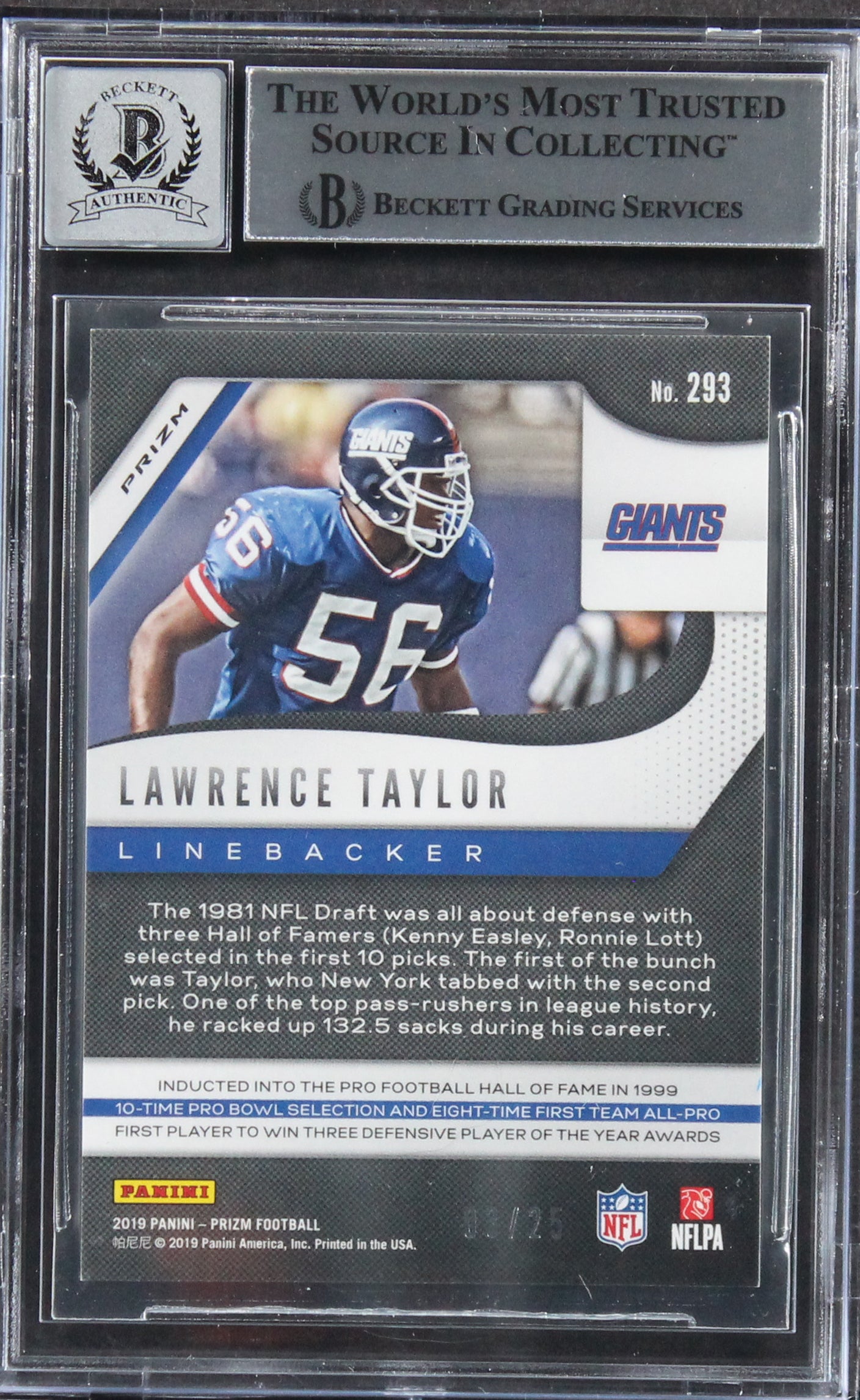 Giants Lawrence Taylor Signed 2019 Panini Prizm Camo #293 Card Auto 10! BAS Slab