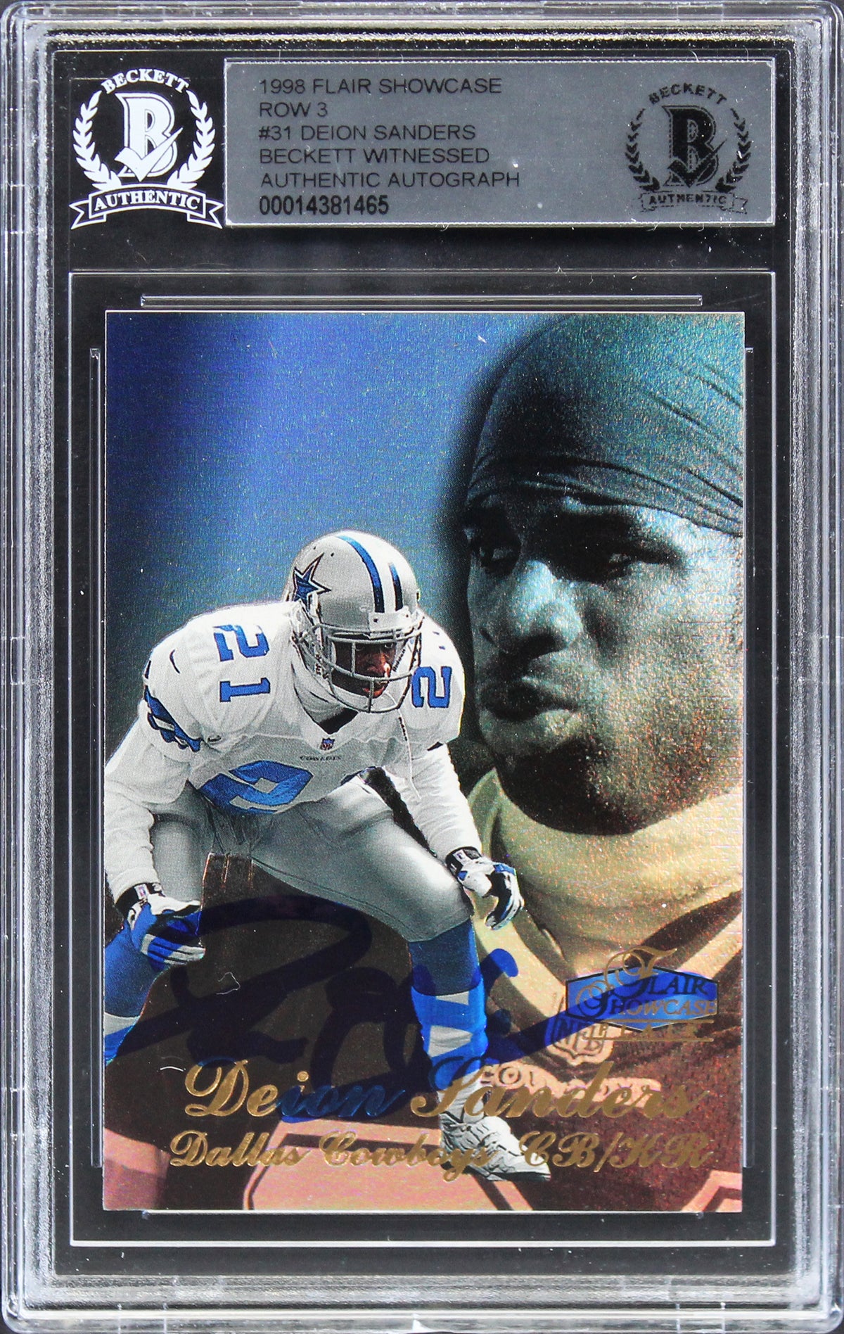 Cowboys Deion Sanders Signed 1998 Flair Showcase Row 3 #31 Card BAS Slabbed 1