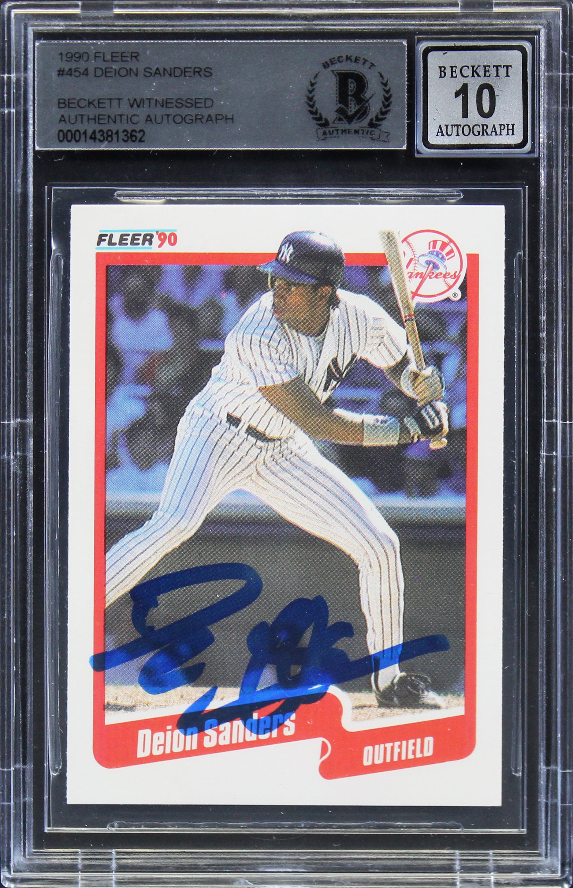 Yankees Deion Sanders Authentic Signed 1990 Fleer #454 Card Auto 10! BAS Slabbed