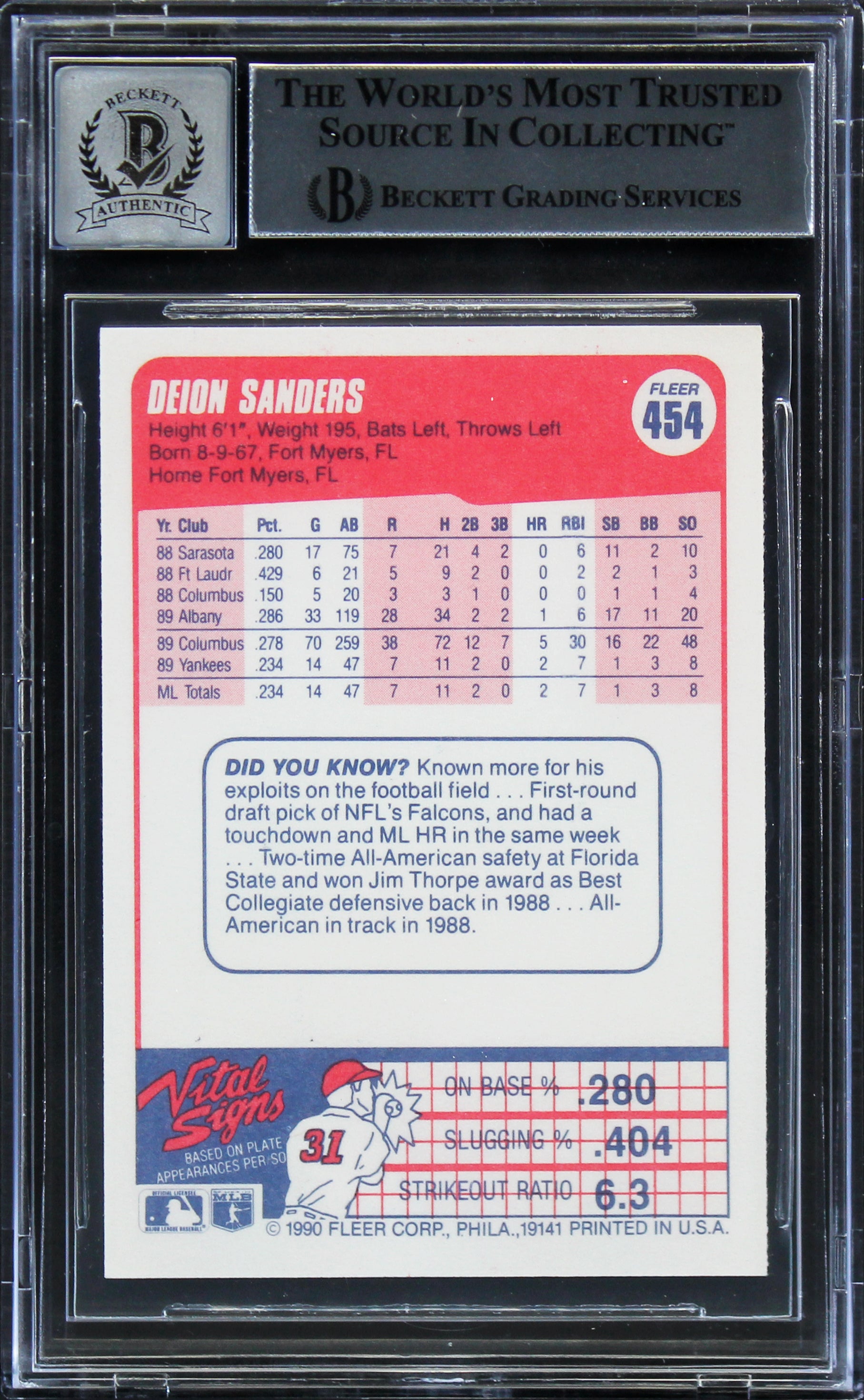 Yankees Deion Sanders Authentic Signed 1990 Fleer #454 Card Auto 10! BAS Slabbed
