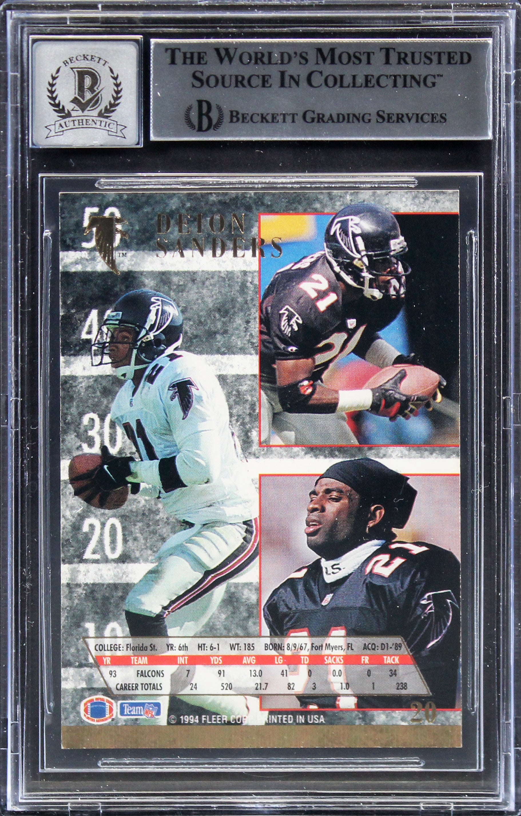 Falcons Deion Sanders Authentic Signed 1994 Ultra #20 Card Auto 10! BAS Slabbed