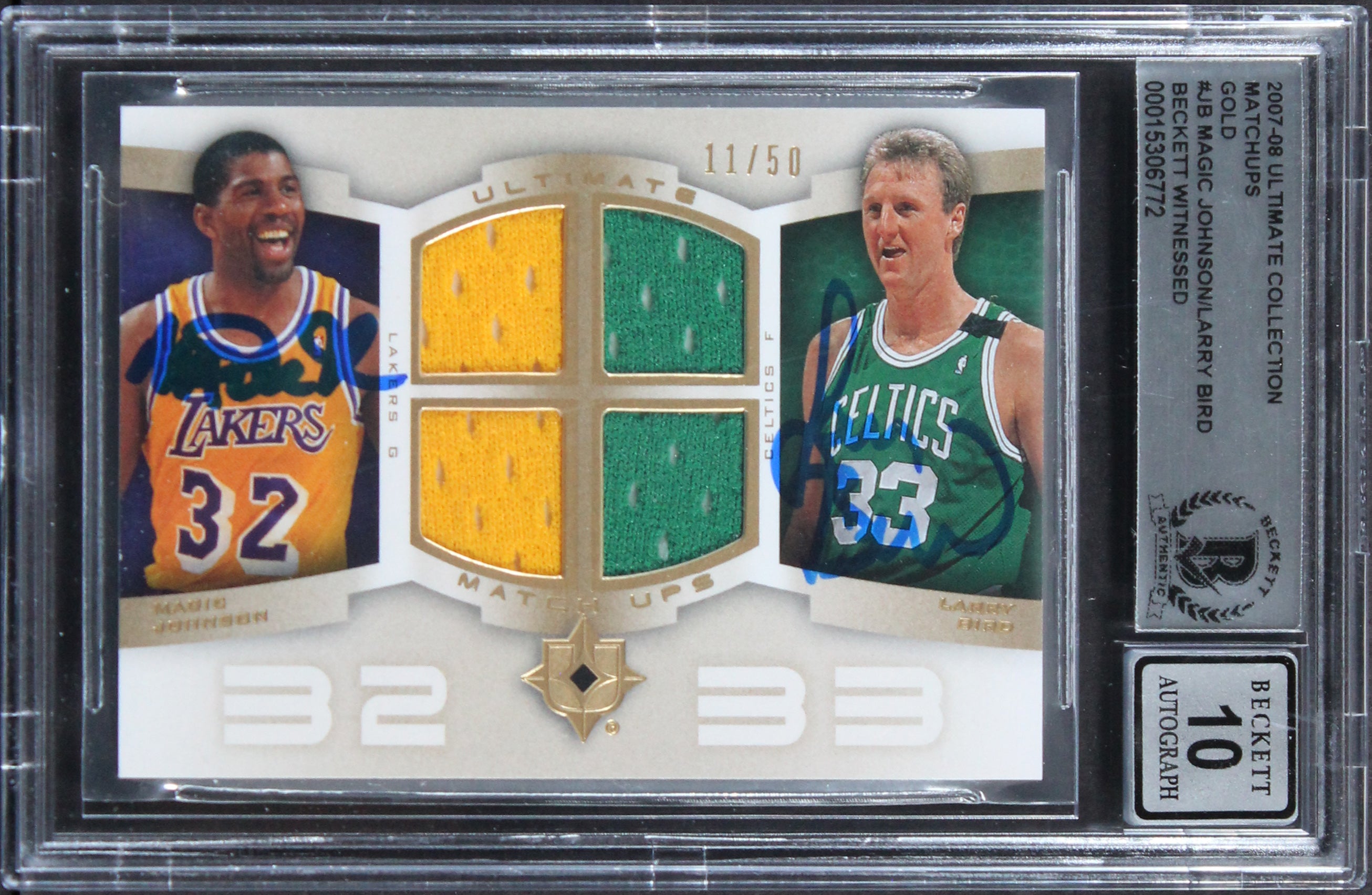 Magic Johnson & Larry Bird Signed 2007 Ultimate Collection Matchups Gold #JB #11/50 Card Auto 10! BAS Slabbed