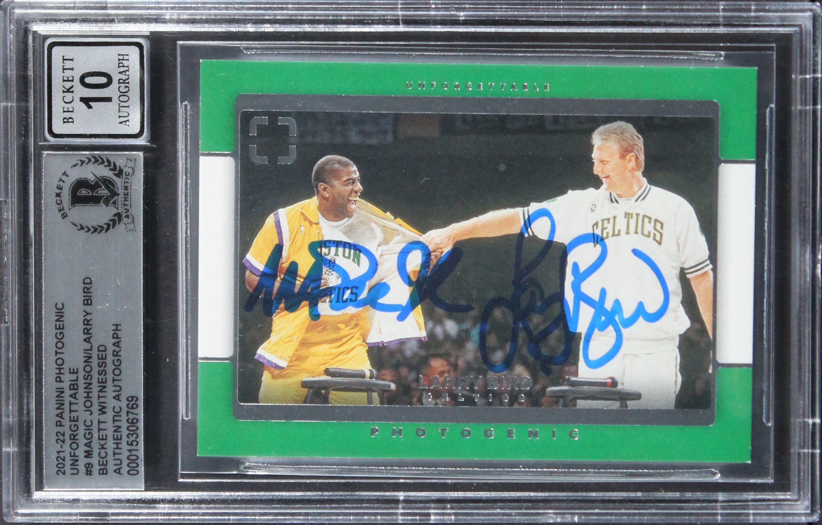 Magic Johnson & Larry Bird Signed '21 Panini Photogenic #9 Card Auto 10 BAS Slab