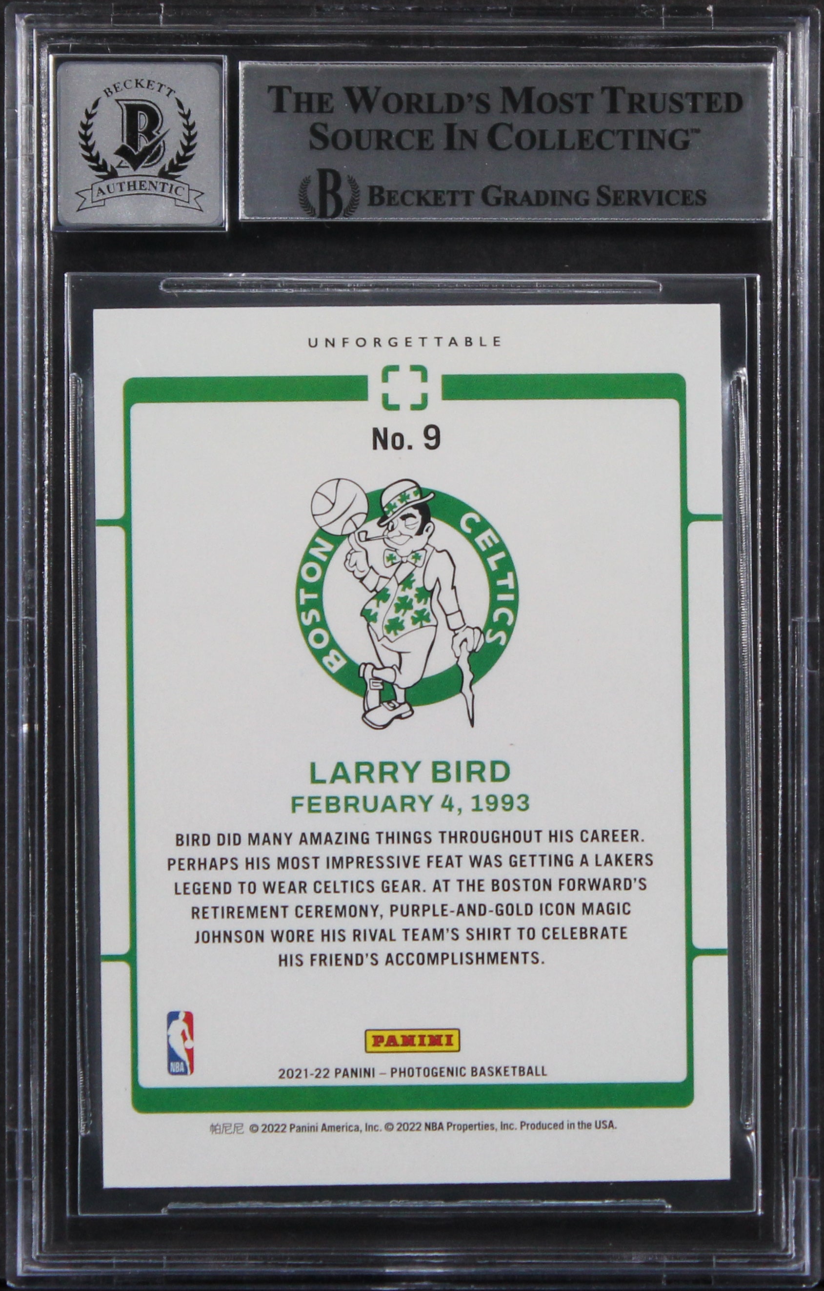 Magic Johnson & Larry Bird Signed '21 Panini Photogenic #9 Card Auto 10 BAS Slab