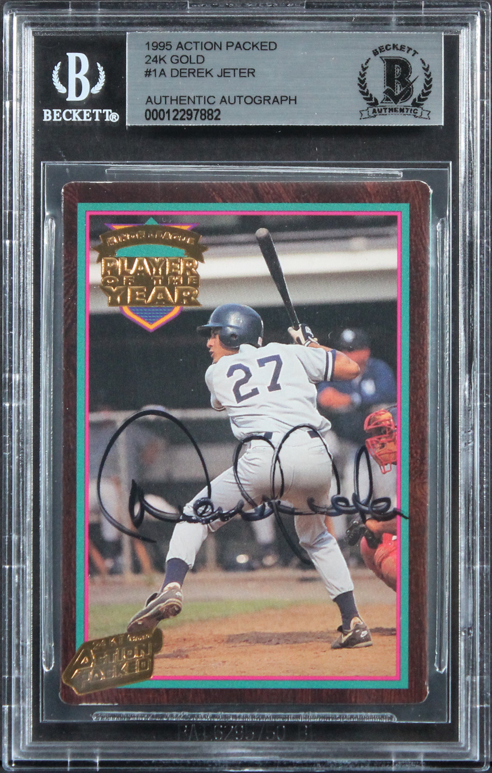 Yankees Derek Jeter Signed 1995 Action Packed 24k Gold #1A Card BAS Slabbed