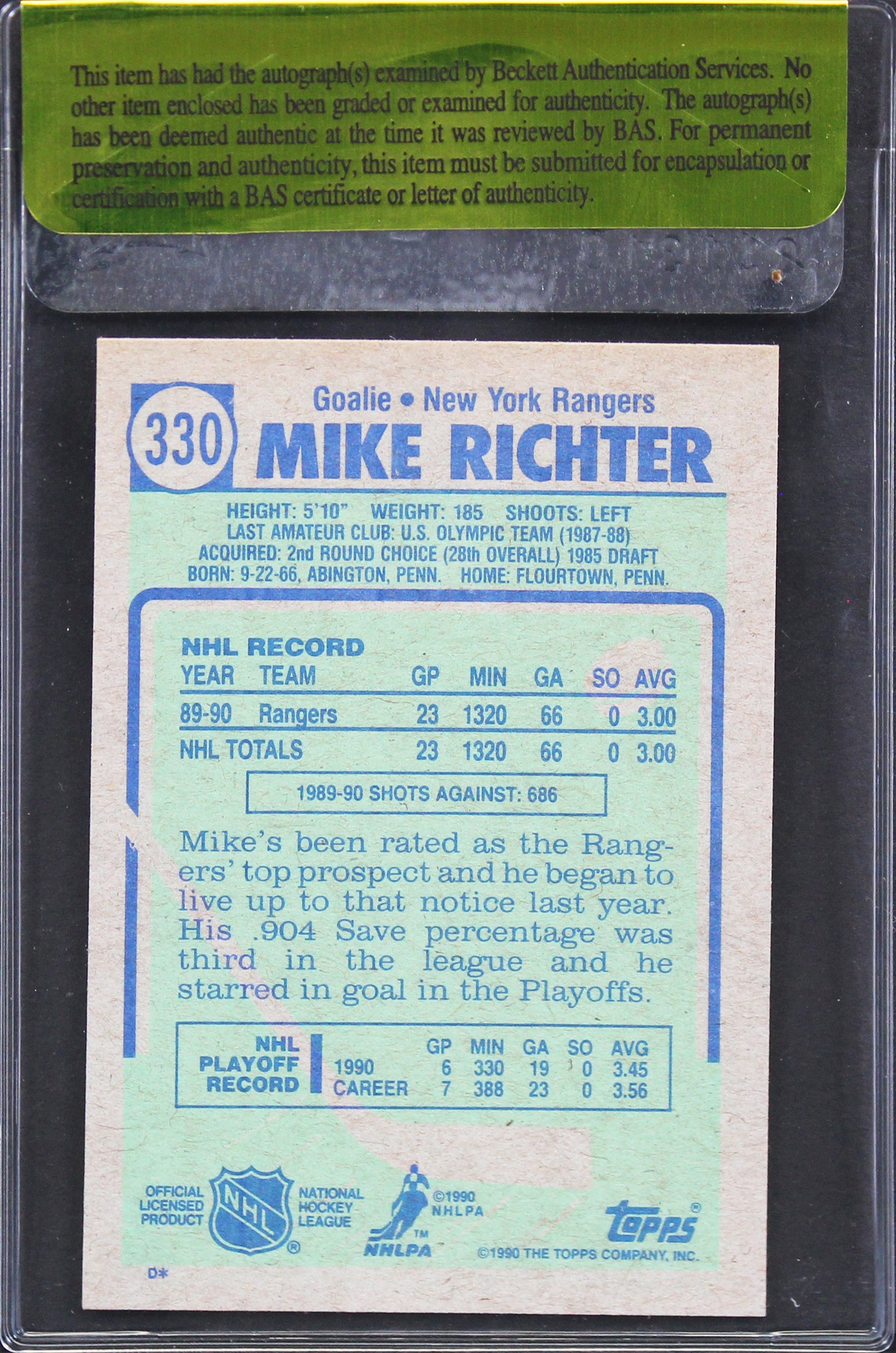 Rangers Mike Richter Authentic Signed 1990 Topps #330 Card BAS #11319