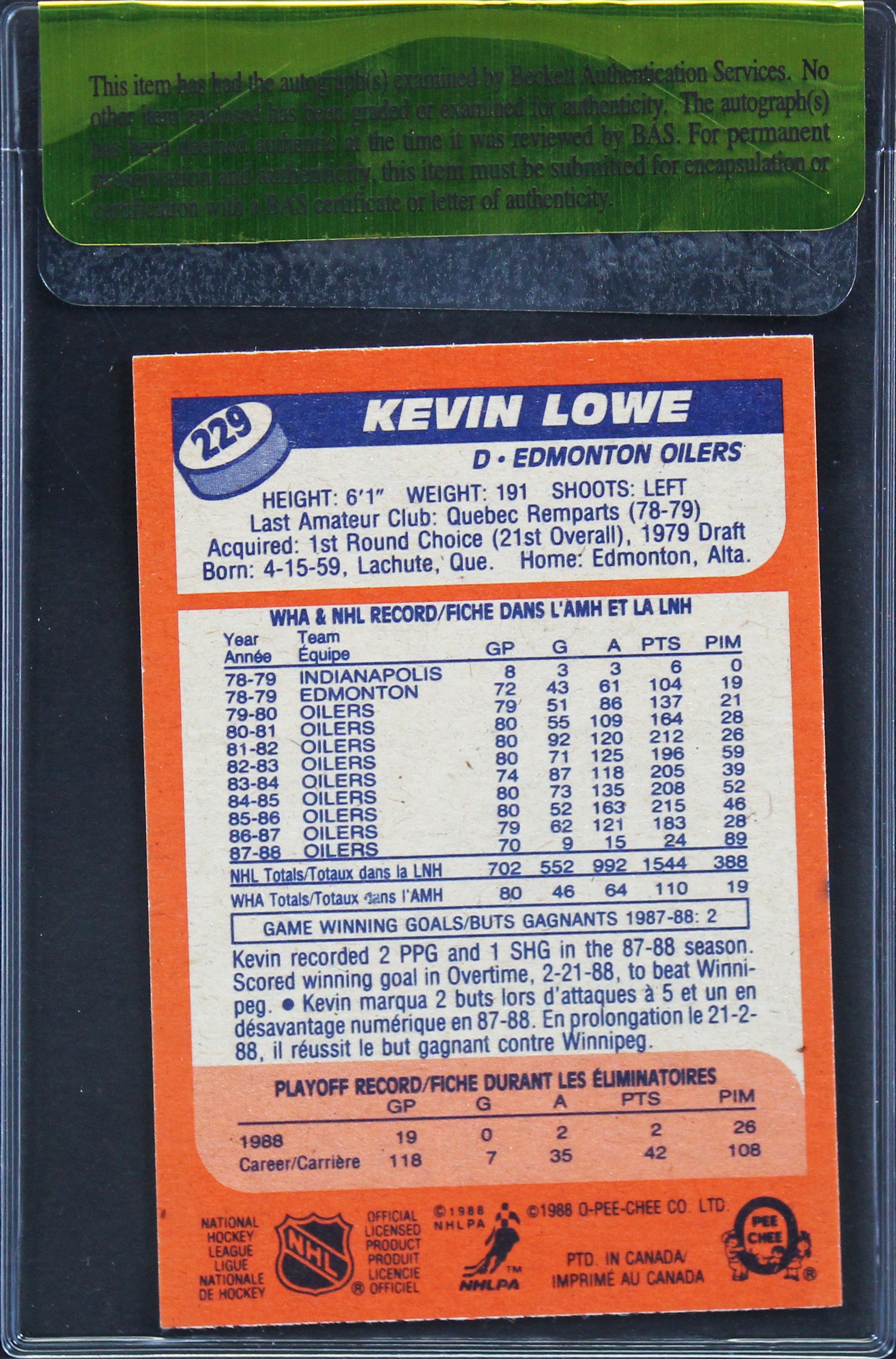 Oilers Kevin Lowe Authentic Signed 1988 O-PEE-CHEE #229 Card BAS #11324