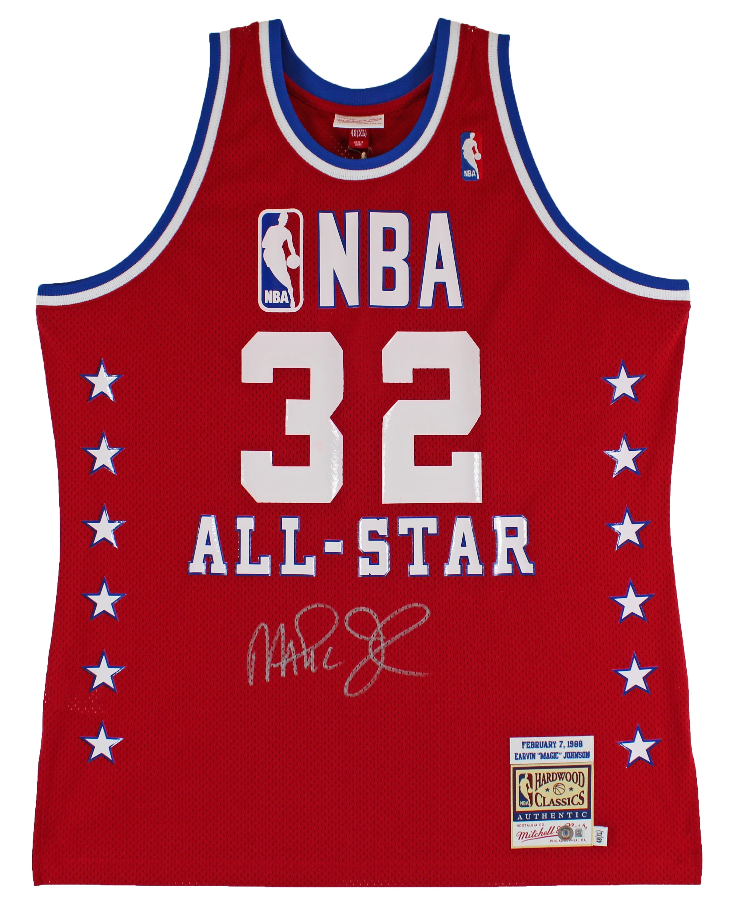 Lakers Magic Johnson Signed Red M&N 1988 All-Star Authentic Jersey BAS Witness 2