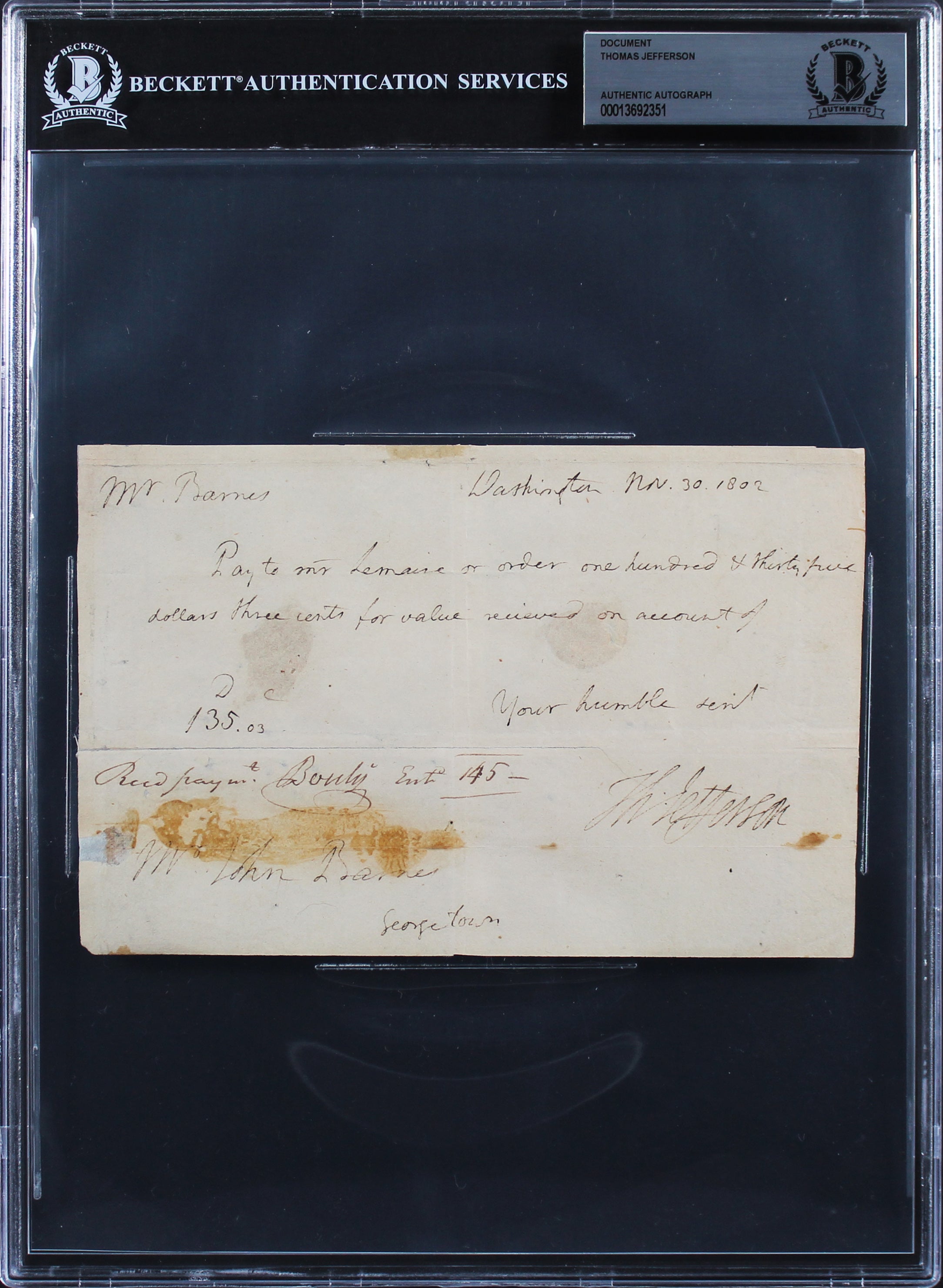 Thomas Jefferson Signed 1802 4.75x7.25 Handwritten Letter Dated BAS Slabbed