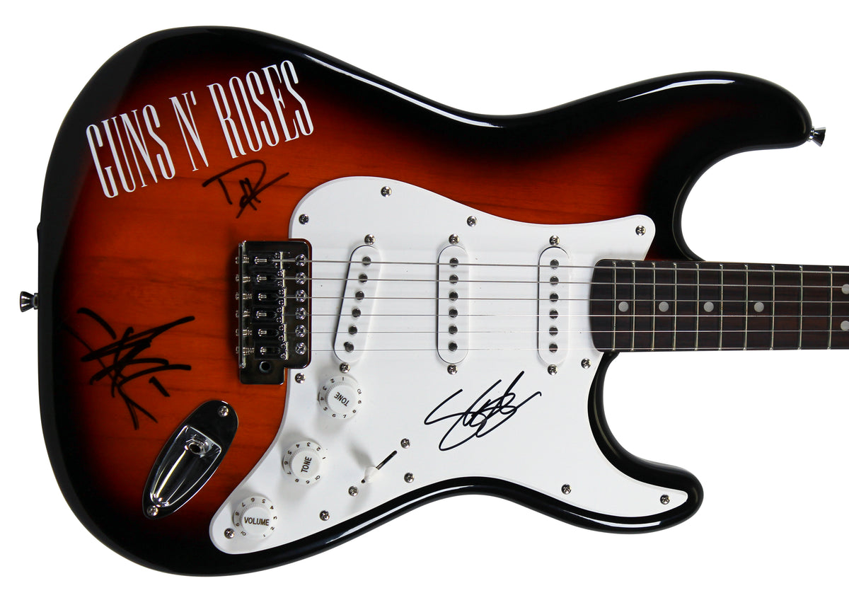 Guns N' Roses (3) Rose, Slash, McKagan Signed Red Fender Squier Guitar PSA/DNA