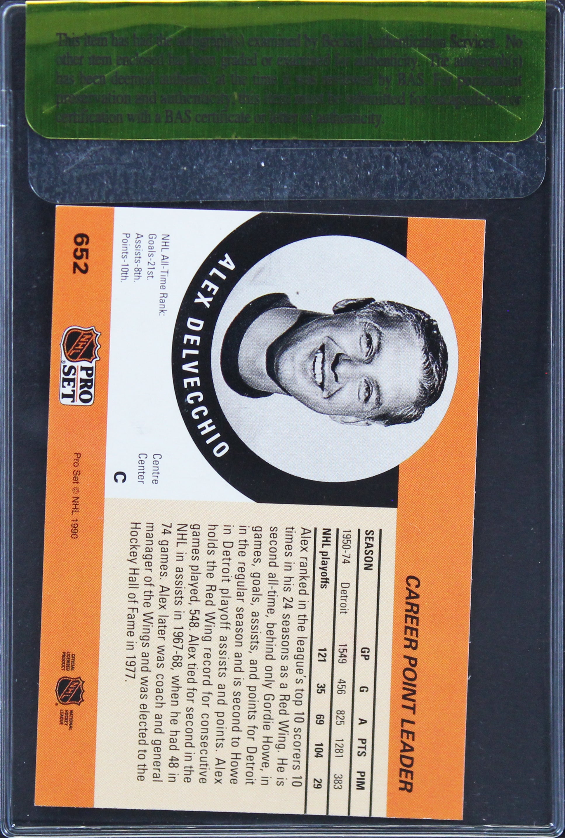 Red Wings Alex Delvecchio Authentic Signed 1990 NHL Pro Set #652 Card BAS #11350