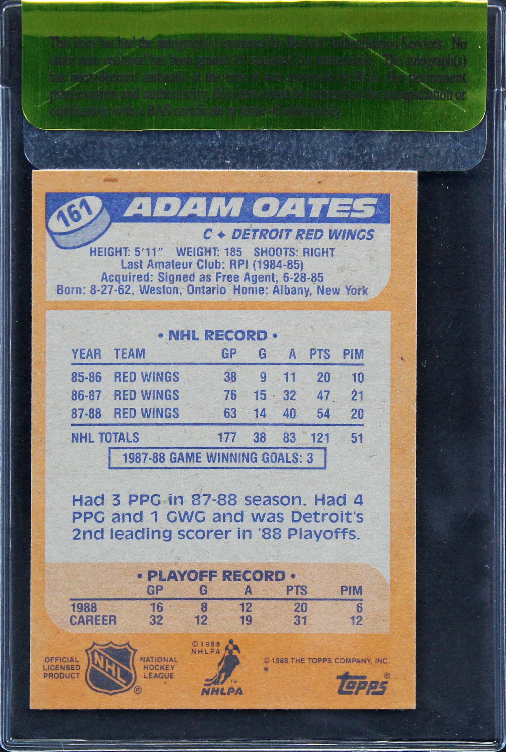 Red Wings Adam Oates Authentic Signed 1988 Topps #161 Card BAS #11347