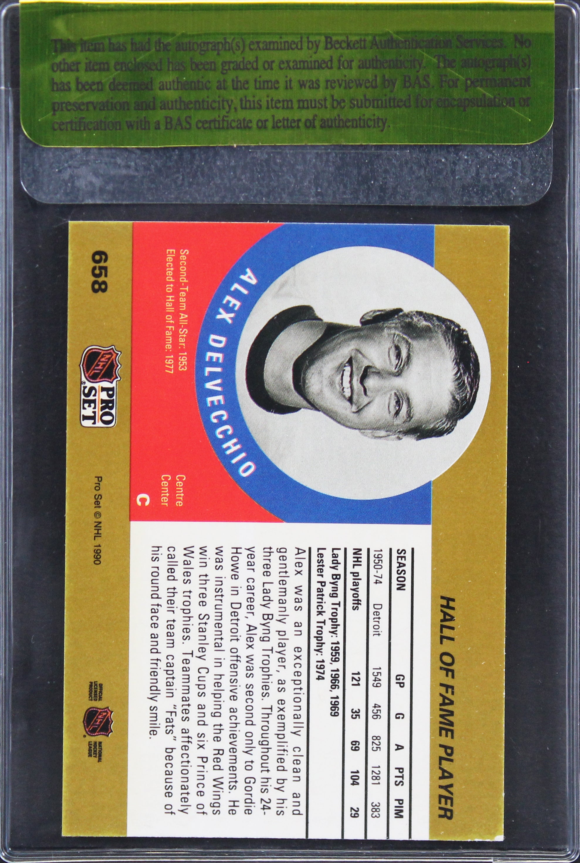 Red Wings Alex Delvecchio Authentic Signed 1990 NHL Pro Set #658 Card BAS #11352